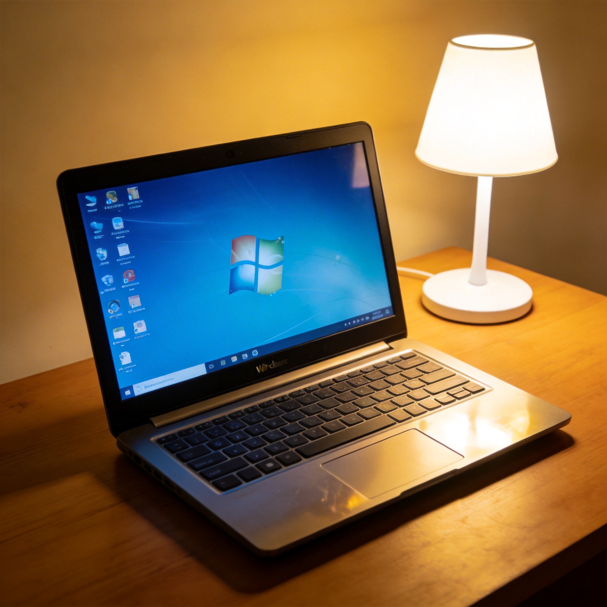 电脑桌上的笔记本，屏幕显示Windows菜单，旁边放着台灯