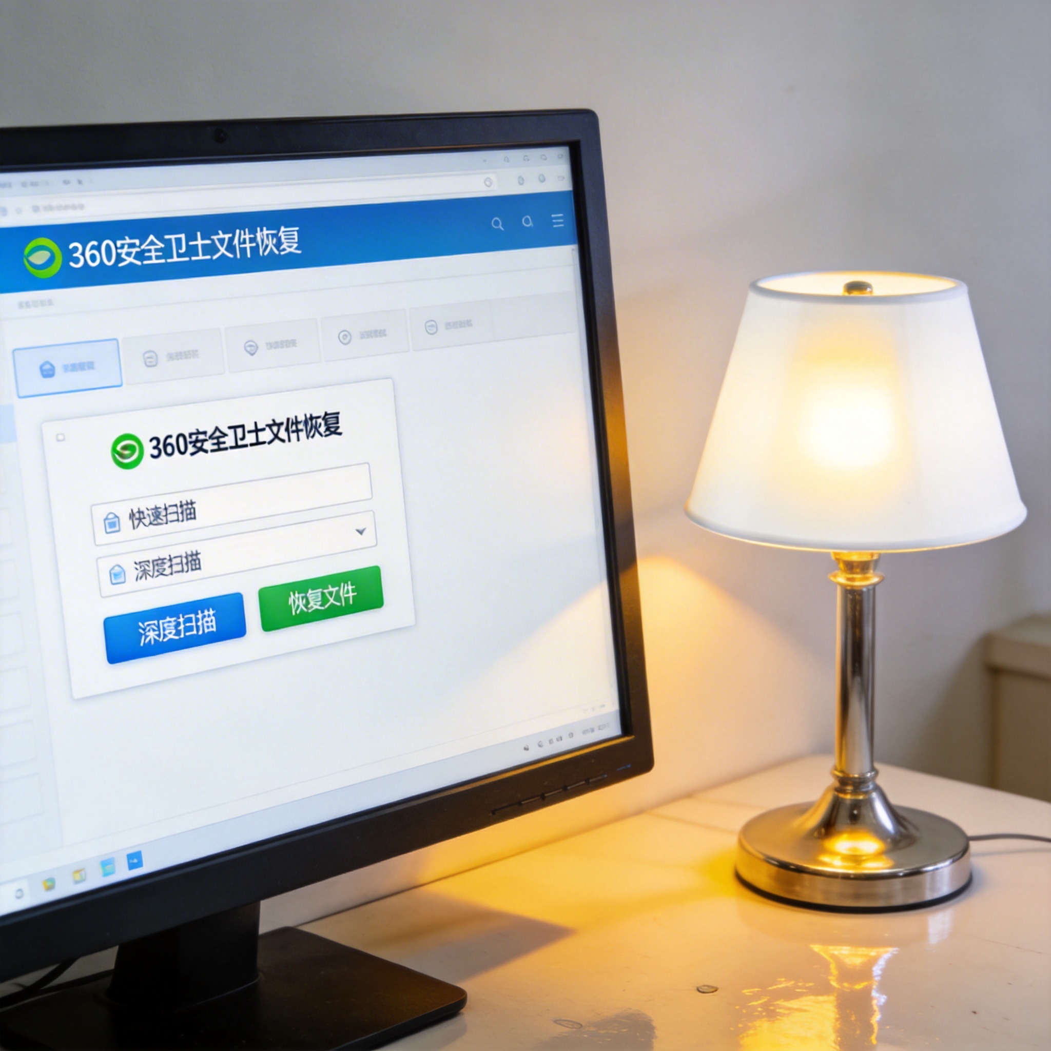 电脑桌上的电脑，屏幕显示360 安全卫士文件恢复功能分区，旁边放着台灯