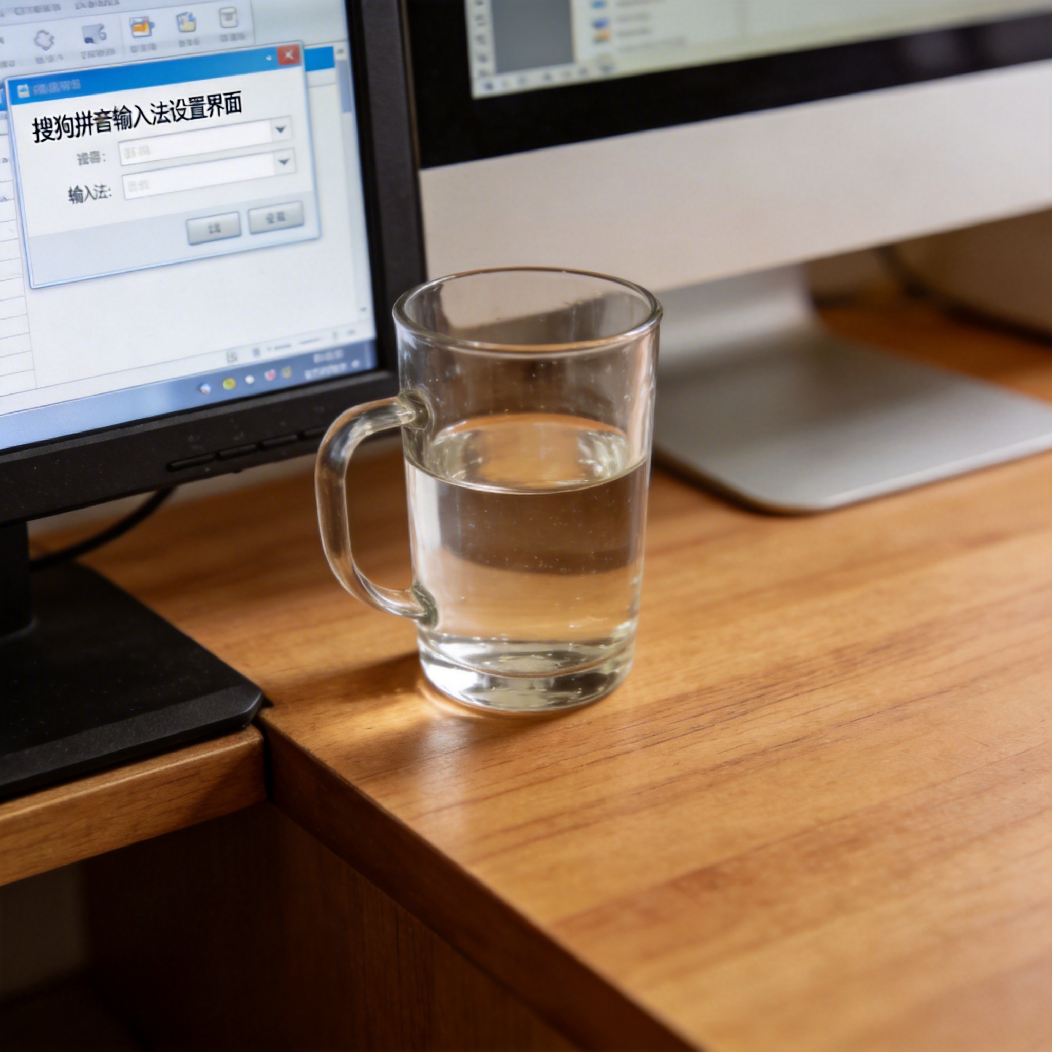 书桌上的电脑，屏幕显示搜狗拼音输入法怎么设置设置界面，桌角放着水杯，自然光