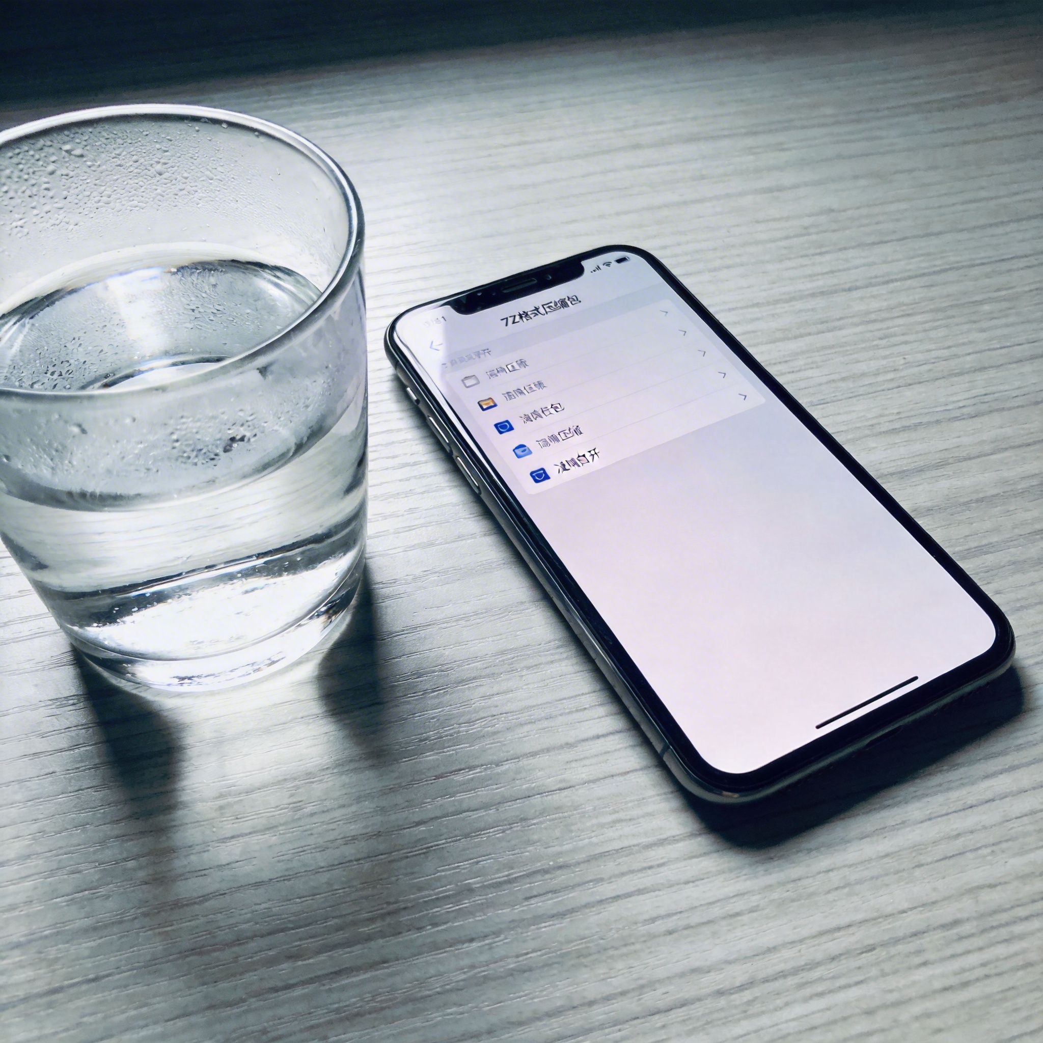 桌面放着智能手机，屏幕显示手机文件压缩解压缩软件界面，界面上列出7Z格式压缩包，旁边有半杯凉白开，室内自然光