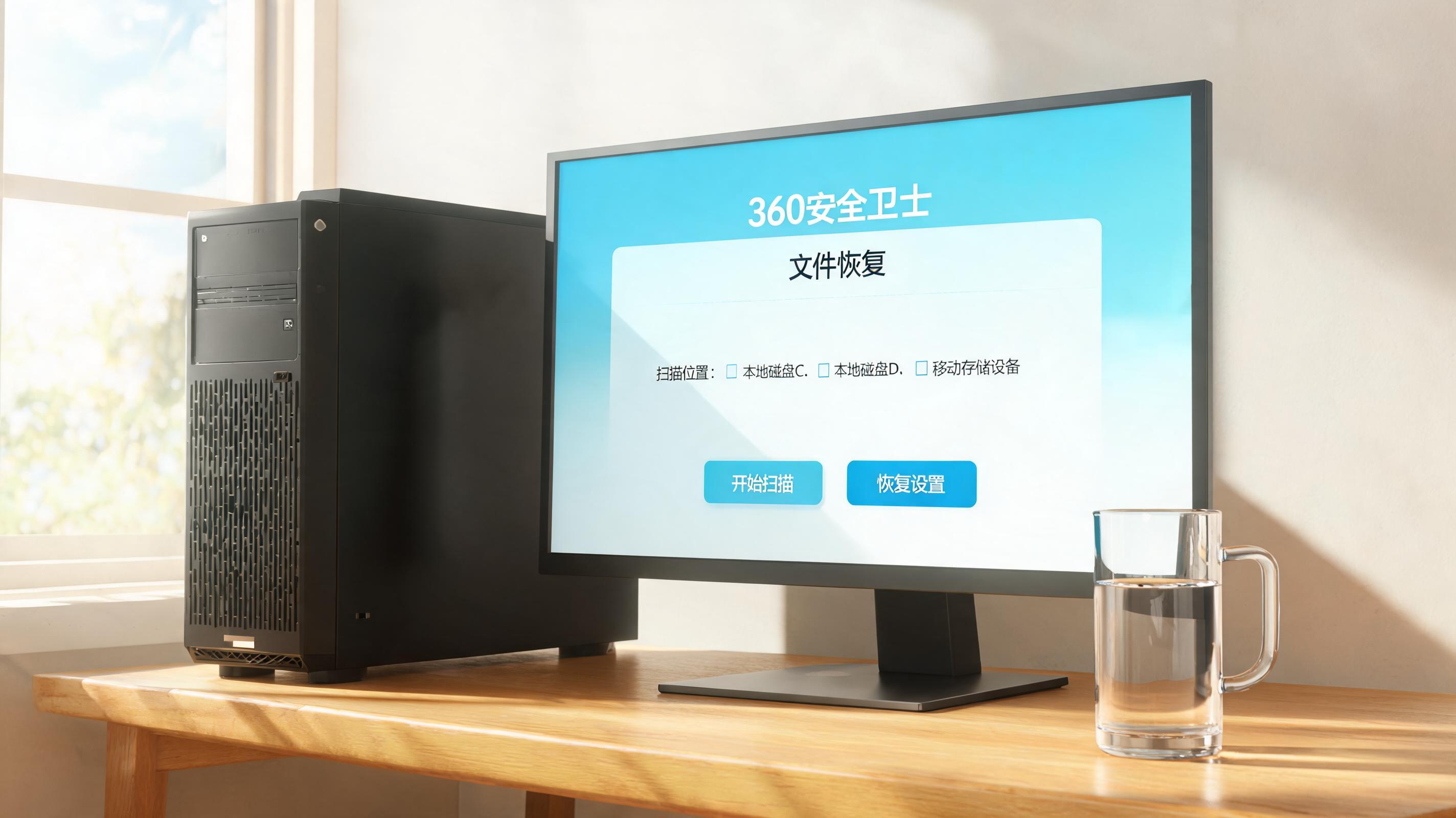 书桌上的主机，屏幕显示360 安全卫士文件恢复功能设置界面，桌角放着水杯，自然光
