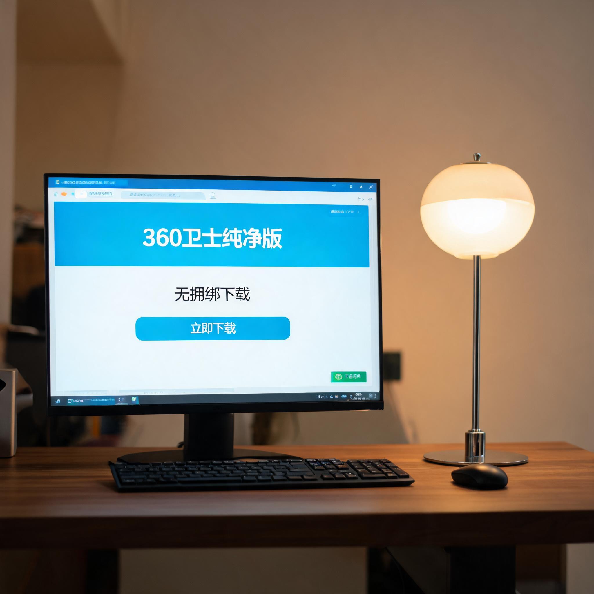 电脑桌上的电脑，屏幕显示360 卫士纯净版无捆绑下载桌面，旁边放着台灯