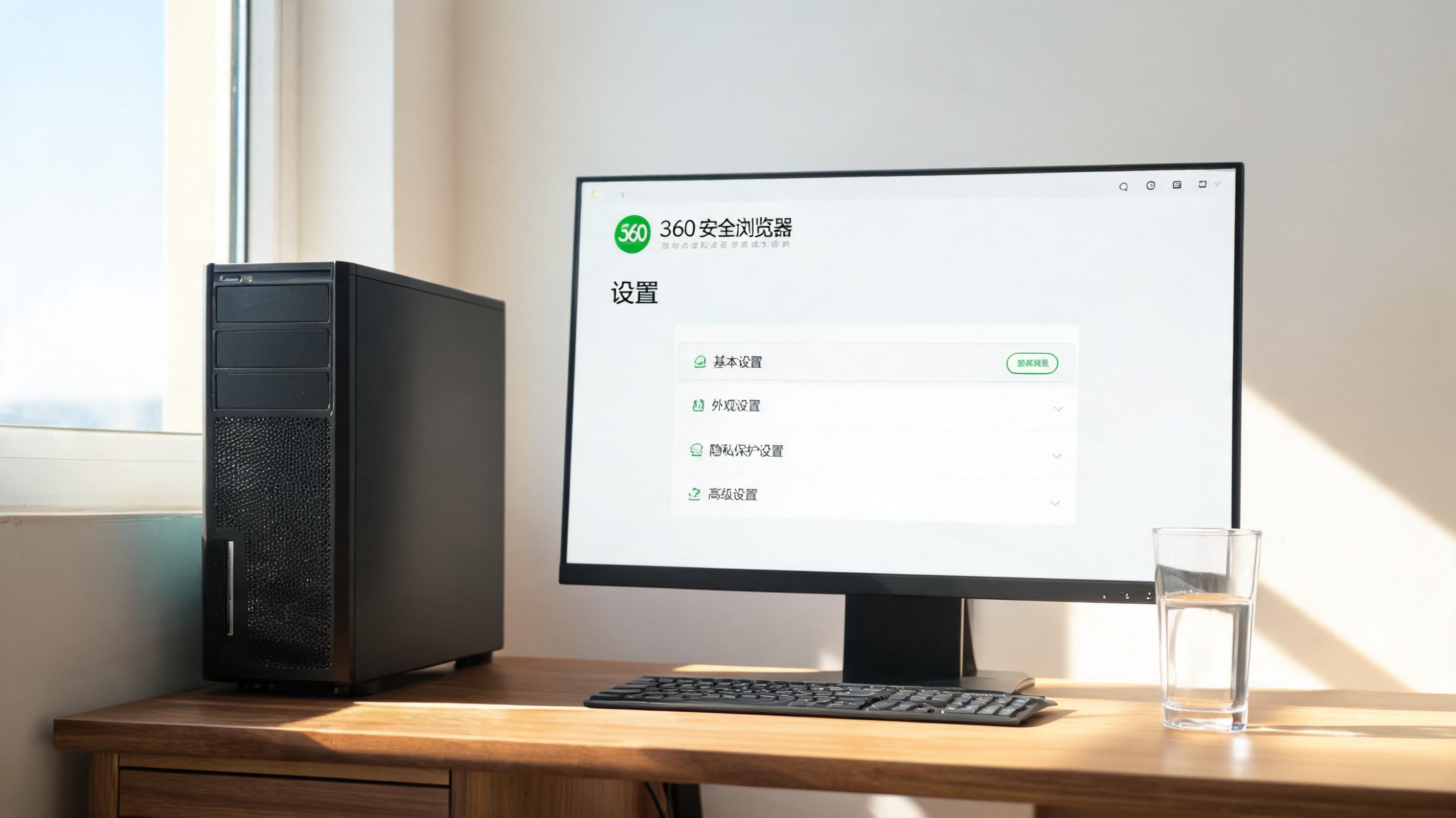 书桌上的主机，屏幕显示360 安全浏览器电脑版设置界面，桌角放着水杯，自然光