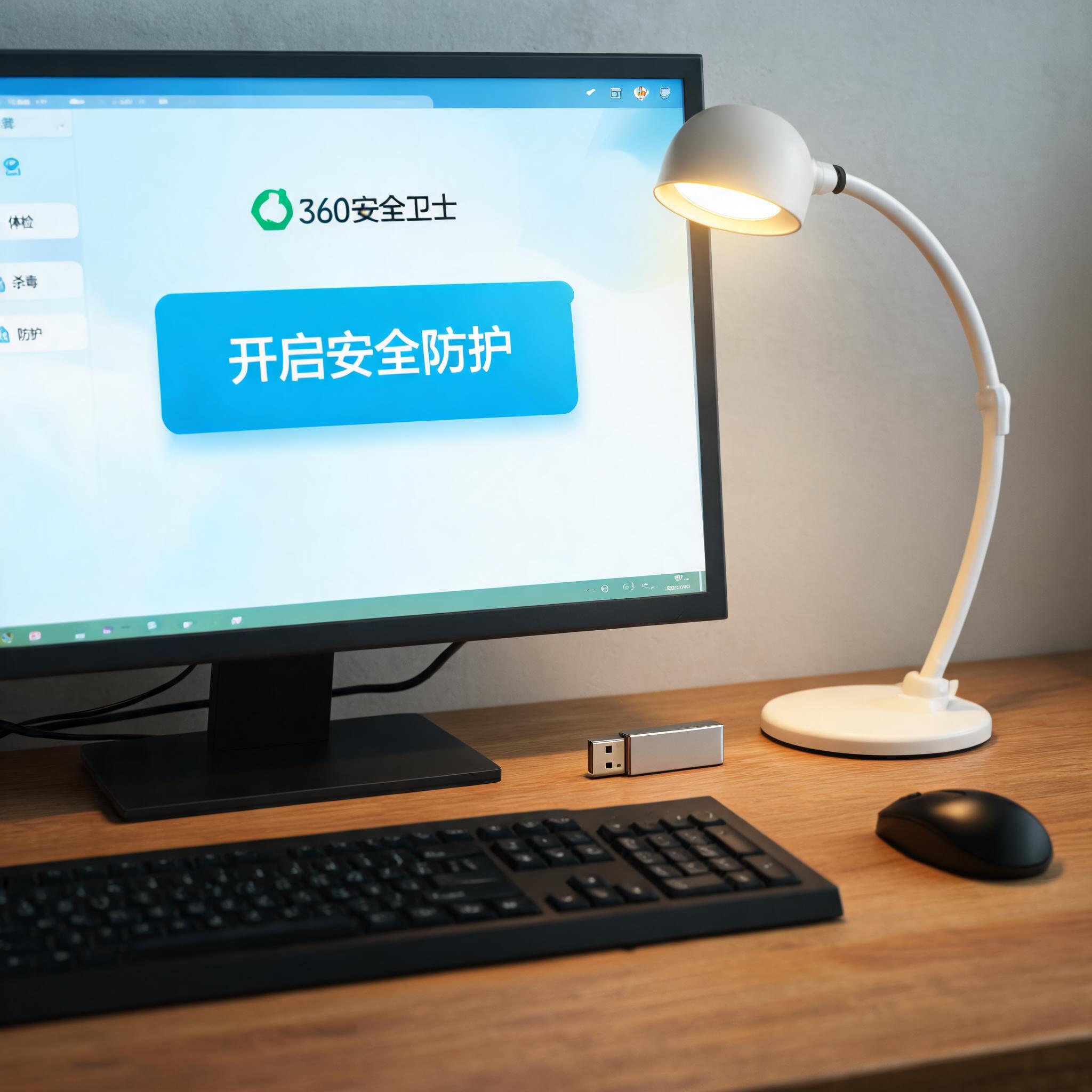 电脑桌上的U盘，屏幕显示360 卫士怎么开启安全防护界面，旁边放着台灯