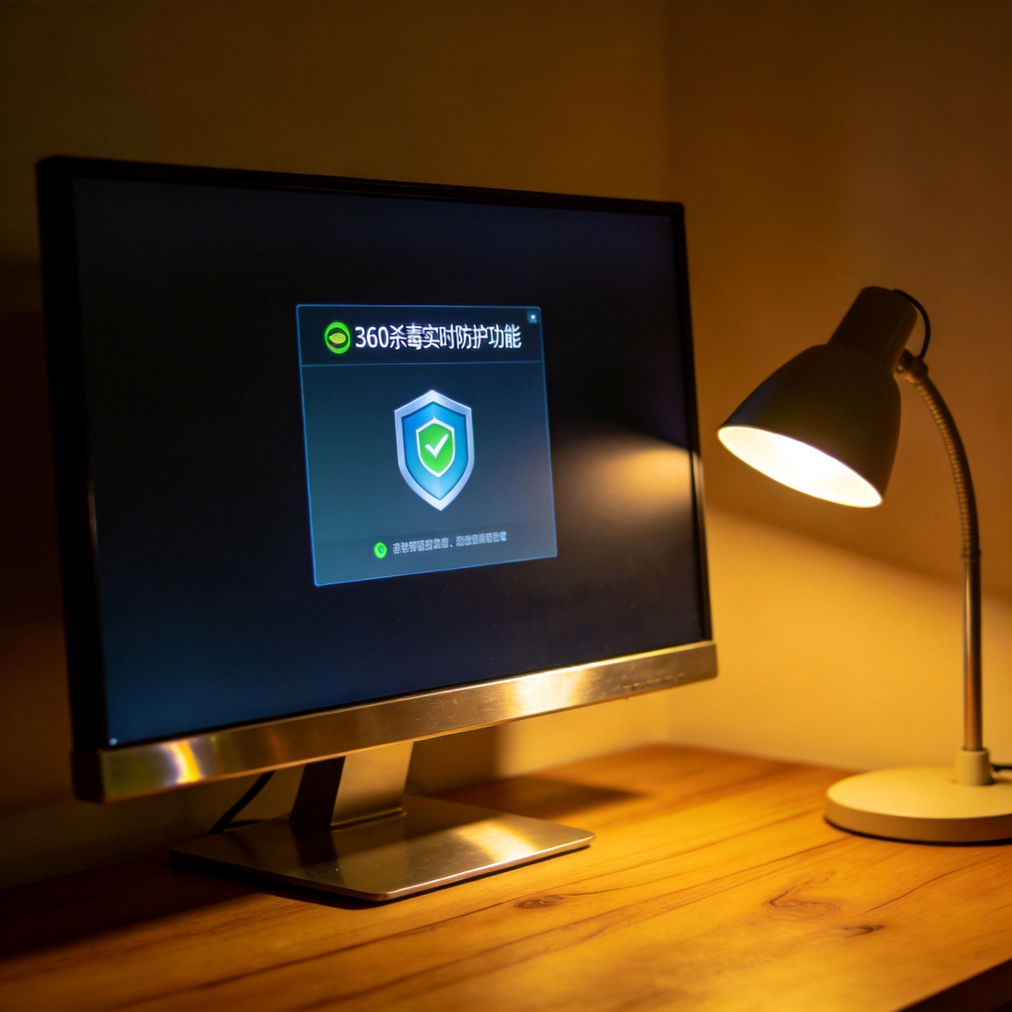 电脑桌上的电脑，屏幕显示360 杀毒实时防护功能界面，旁边放着台灯