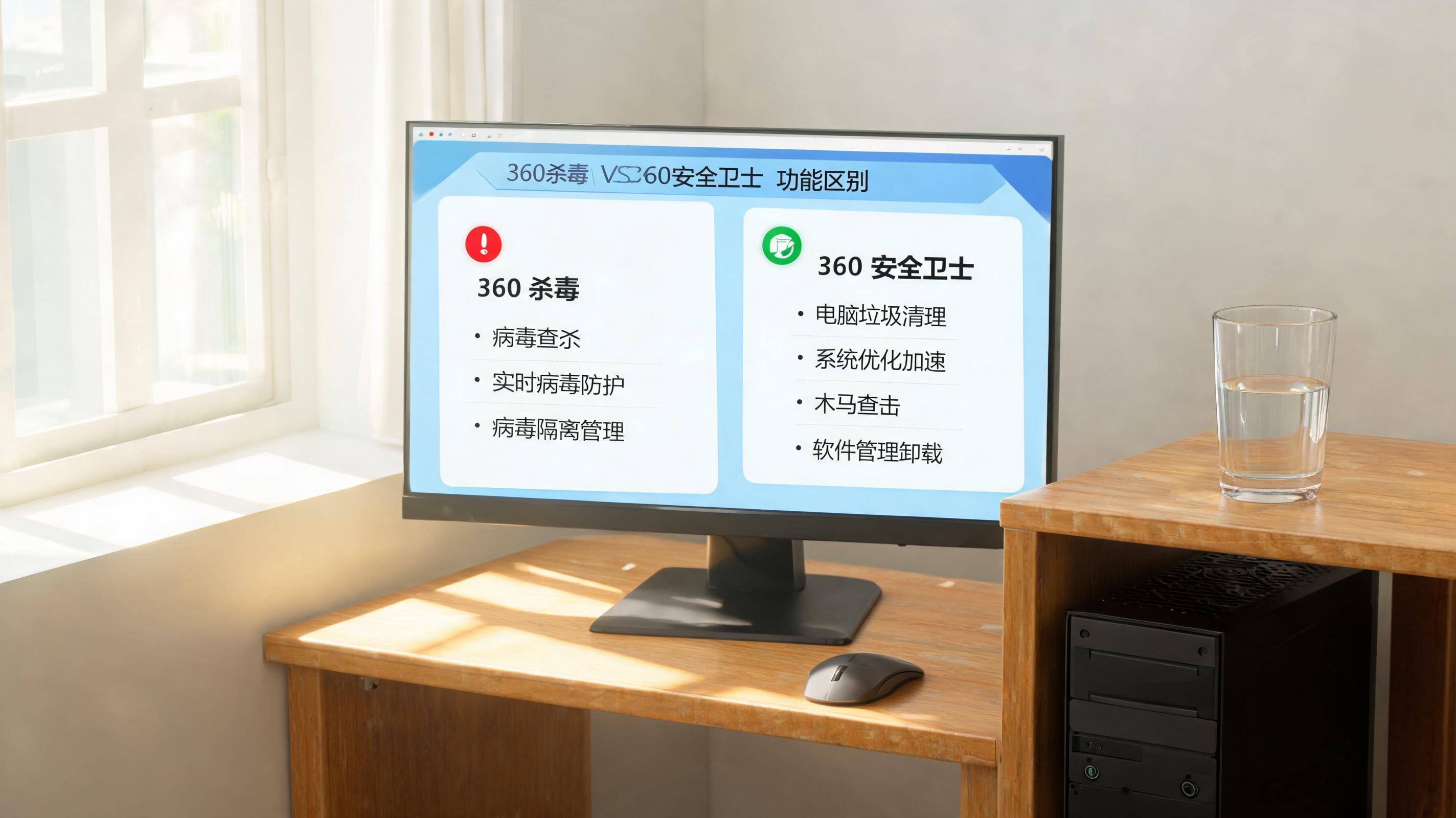 书桌上的主机，屏幕显示360 杀毒和 360 安全卫士区别设置界面，桌角放着水杯，自然光