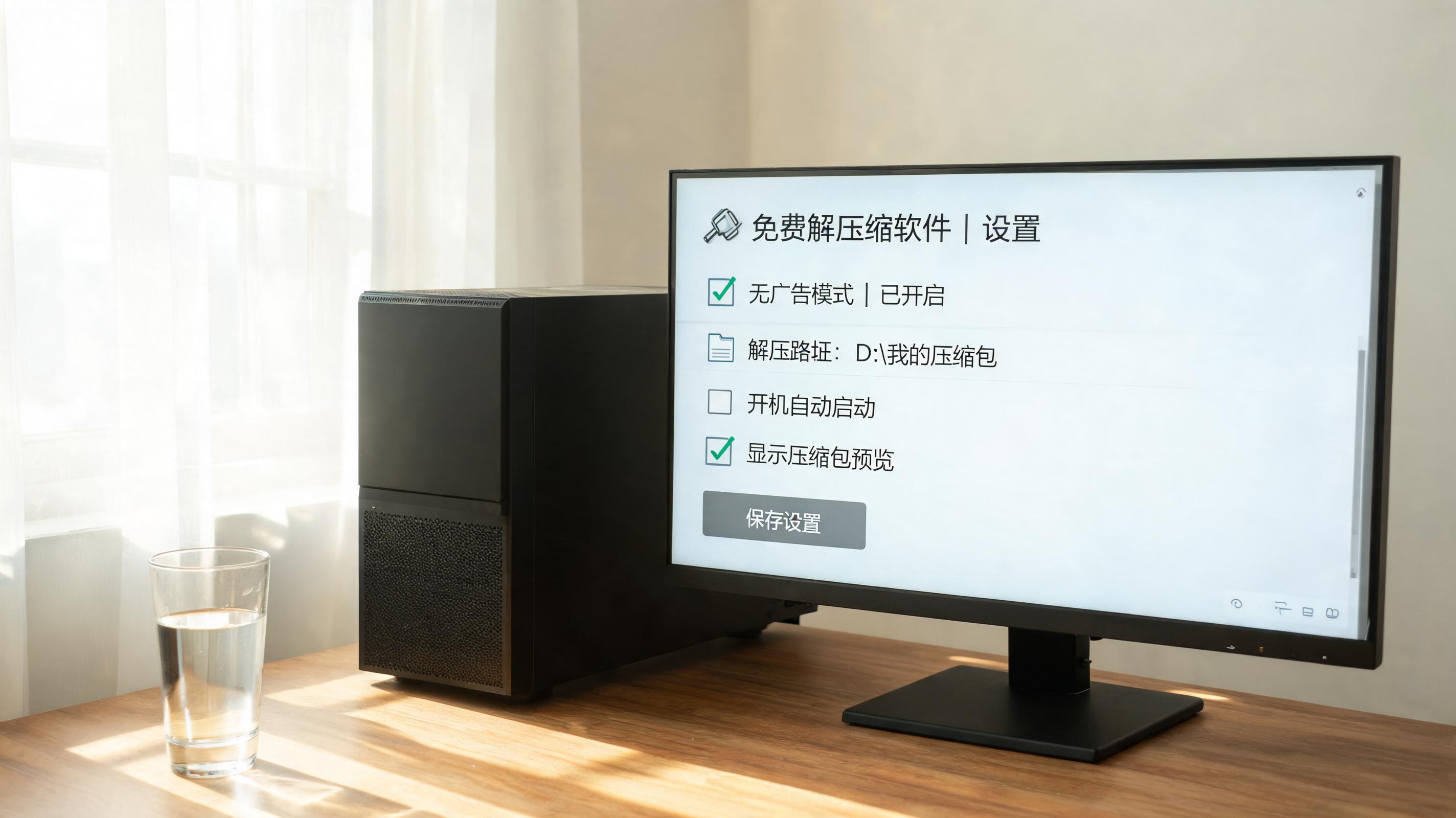 书桌上的主机，屏幕显示无广告解压缩软件免费设置界面，桌角放着水杯，自然光