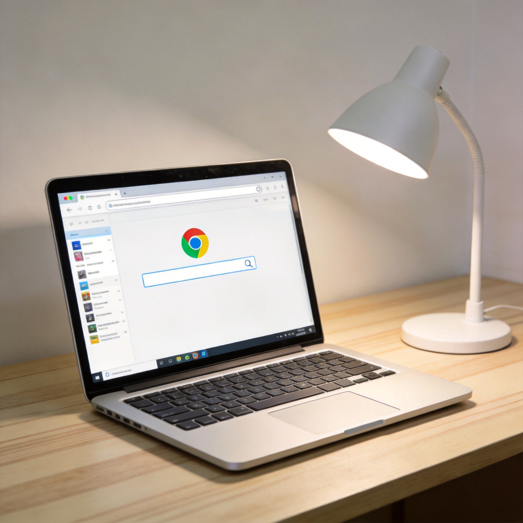 电脑桌上的电脑，屏幕显示Chrome界面，旁边放着台灯