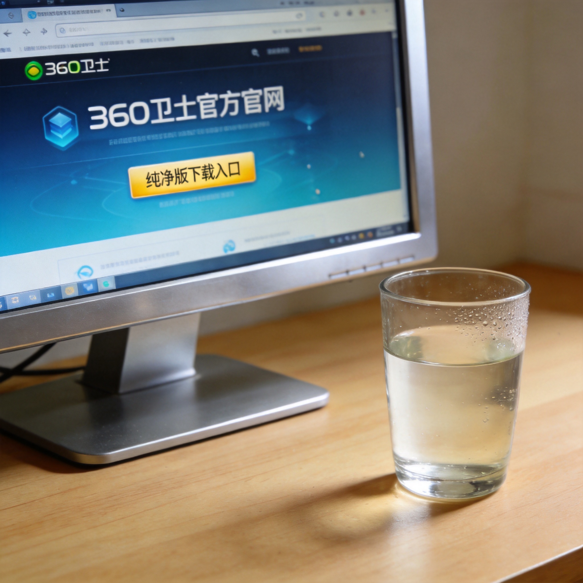 电脑桌的电脑屏幕显示360卫士官方官网页面，纯净版下载入口高亮显示，桌面右侧放着半杯温水，室内自然光