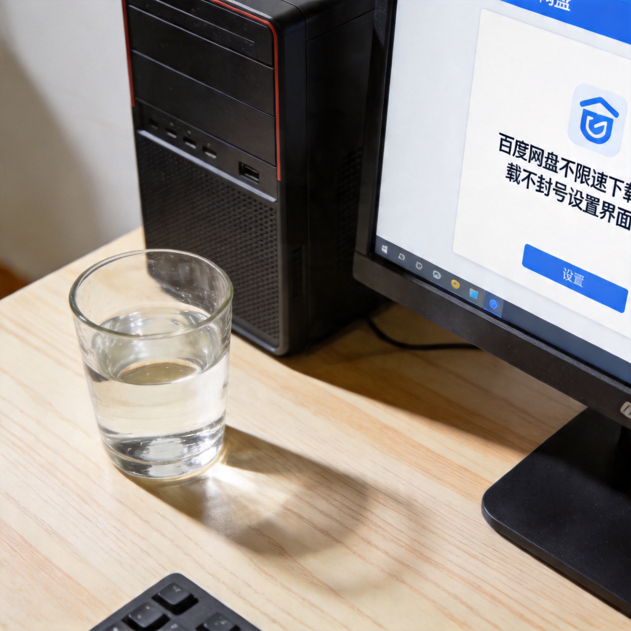 书桌上的主机，屏幕显示百度网盘不限速下载不封号设置界面，桌角放着水杯，自然光