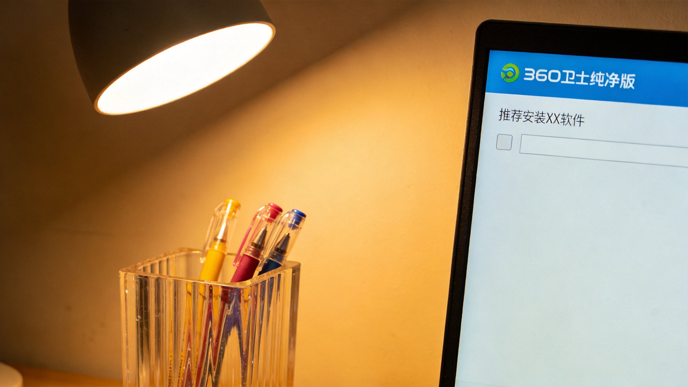 电脑屏幕显示360卫士纯净版安装界面，界面上的“推荐安装XX软件”选项已取消勾选，桌面角落有个塑料笔筒，台灯暖光