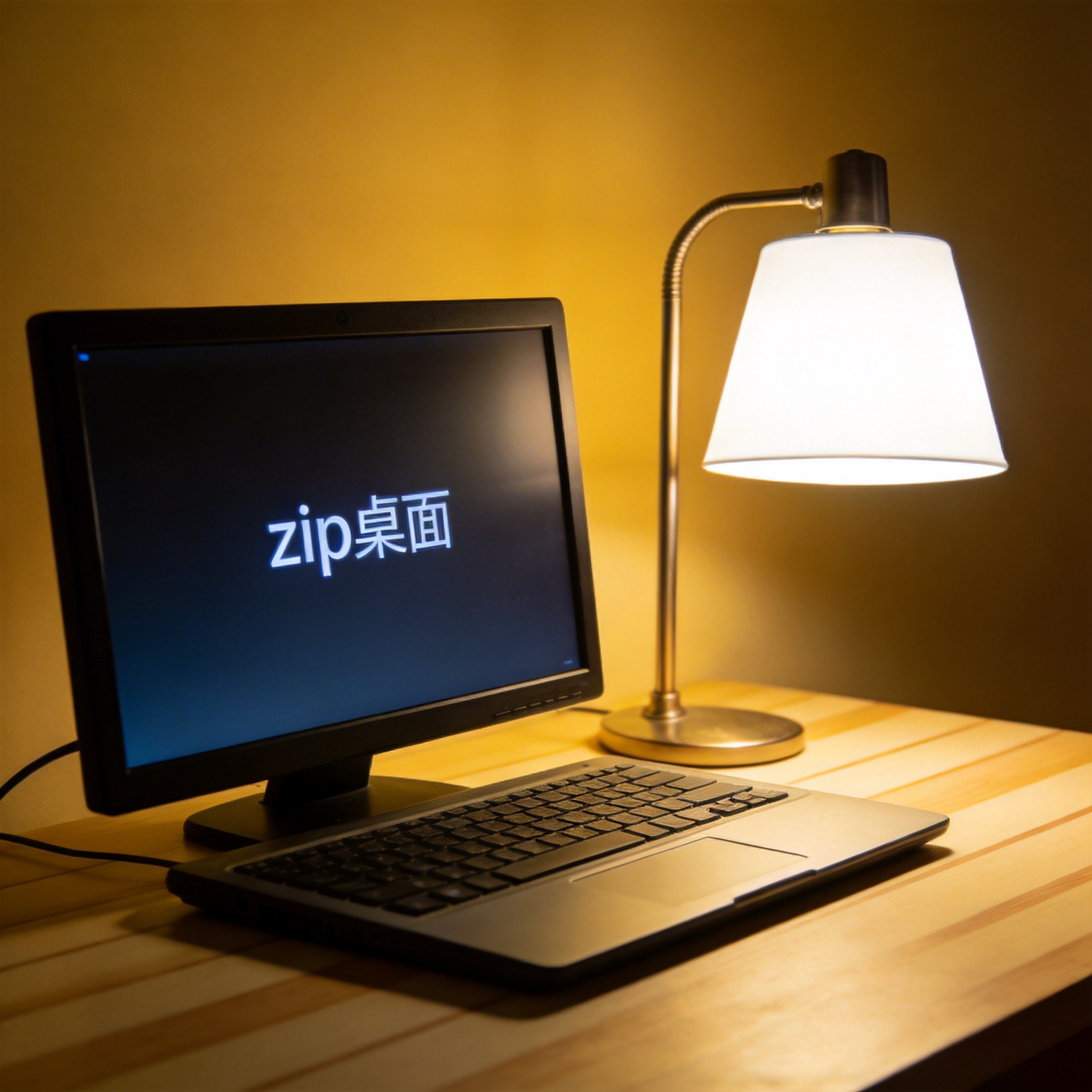 电脑桌上的电脑，屏幕显示zip桌面，旁边放着台灯
