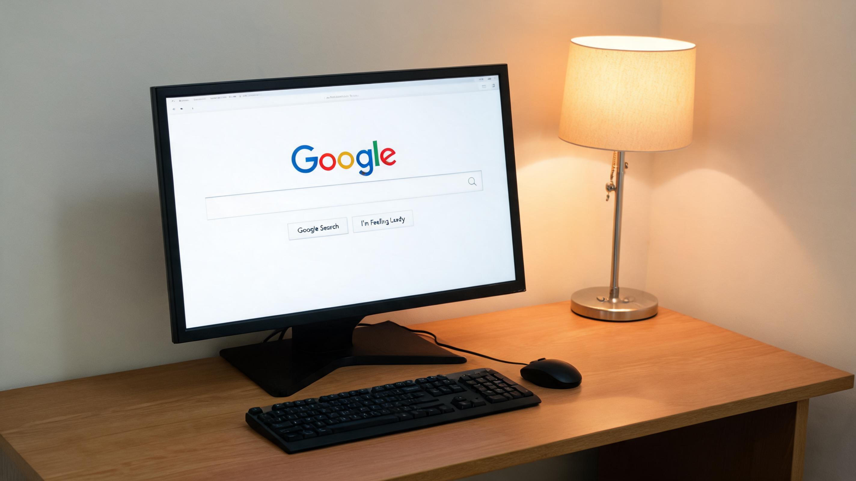 电脑桌上的电脑，屏幕显示google界面，旁边放着台灯