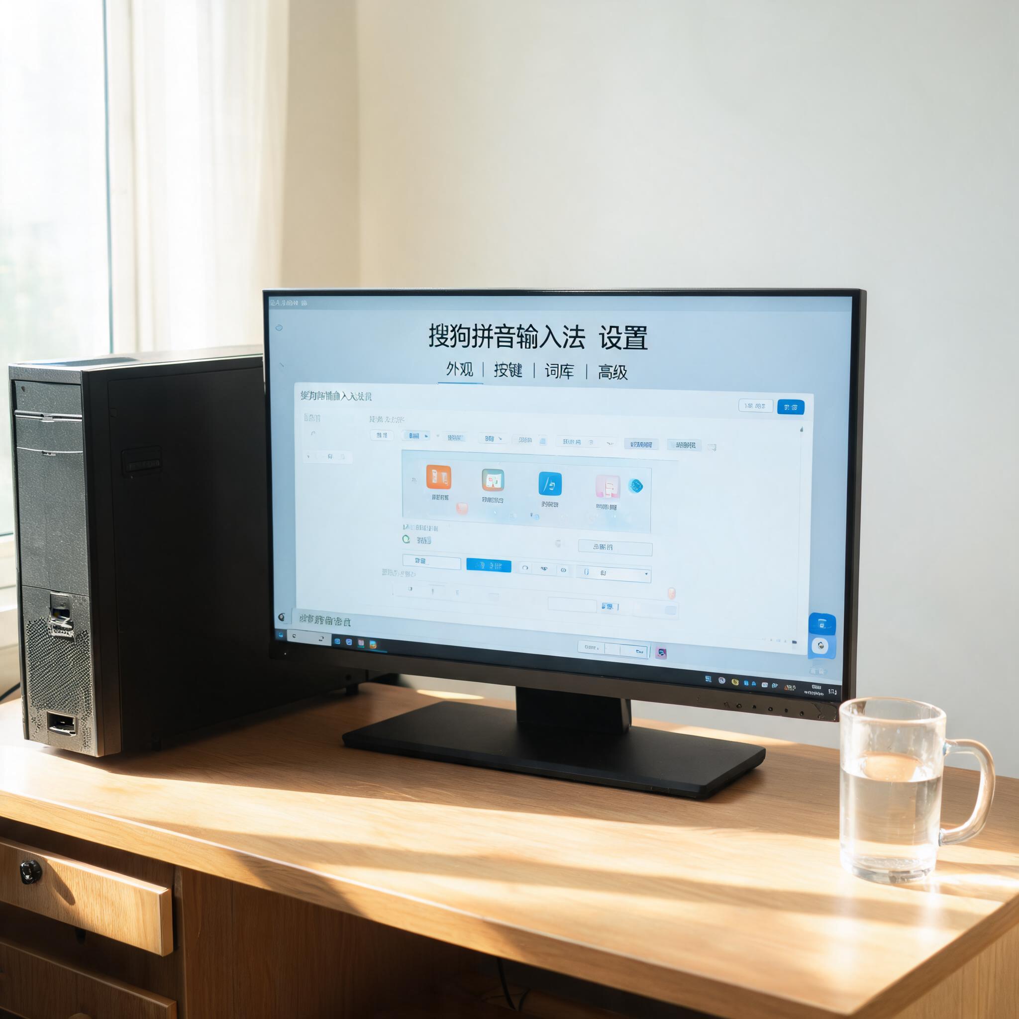 书桌上的主机，屏幕显示搜狗拼音设置界面，桌角放着水杯，自然光