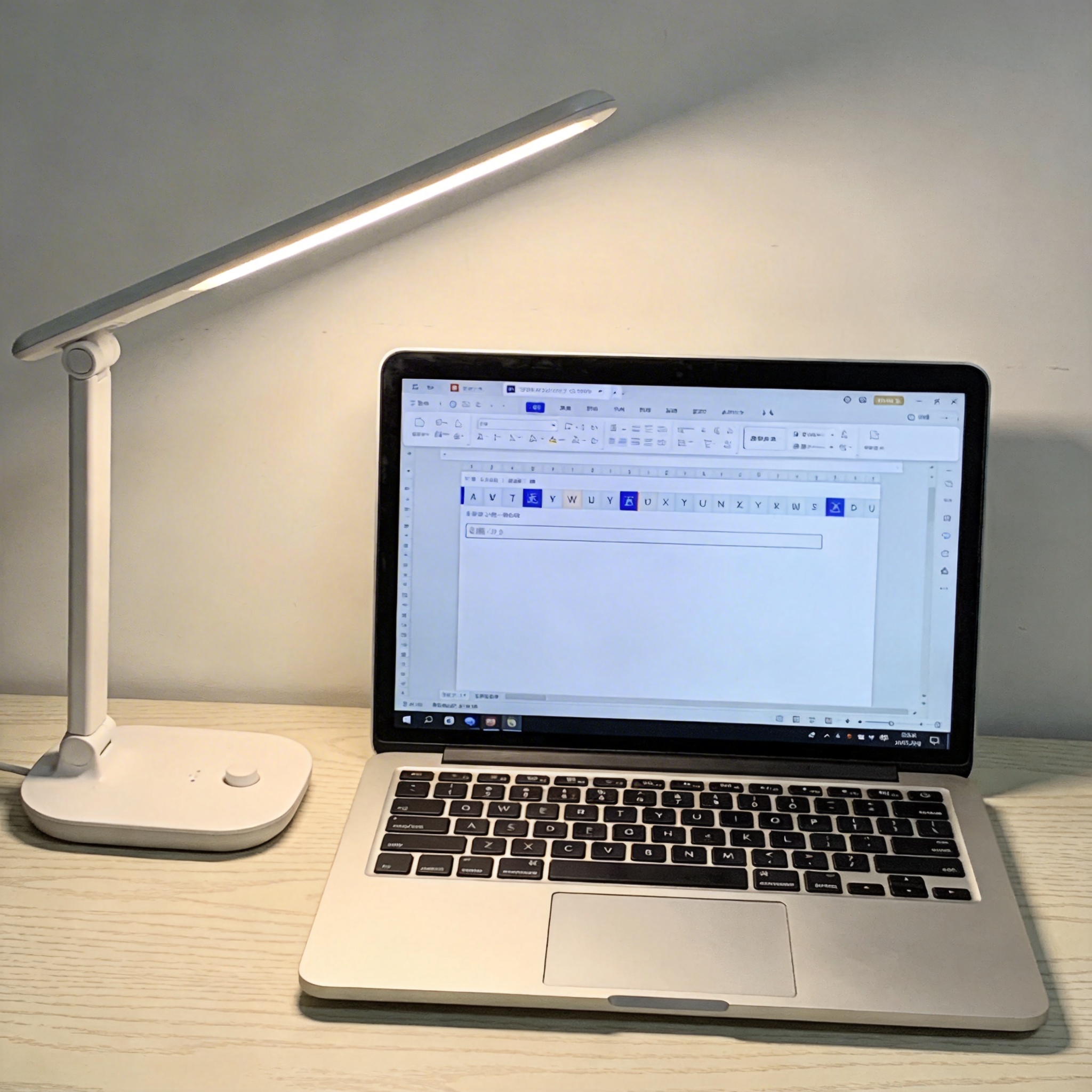 电脑桌上的电脑，屏幕显示输入法屏幕，旁边放着台灯