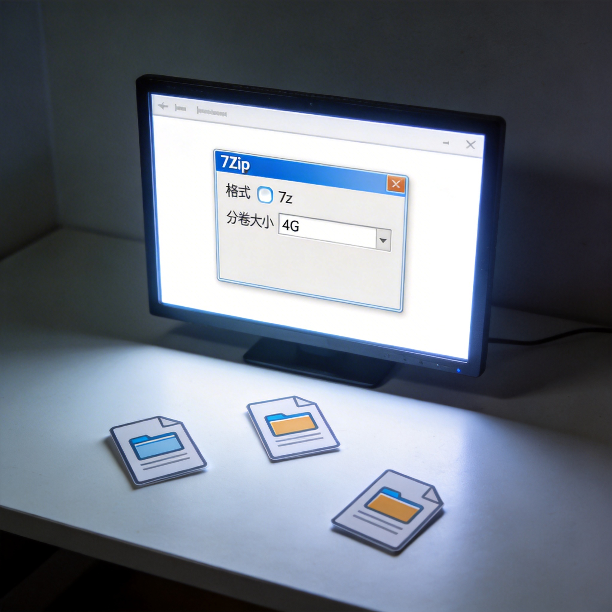 电脑屏幕显示7Zip压缩设置窗口，格式选7z，分卷大小设为4G，桌面散落着几个安装包文件，屏幕光照明