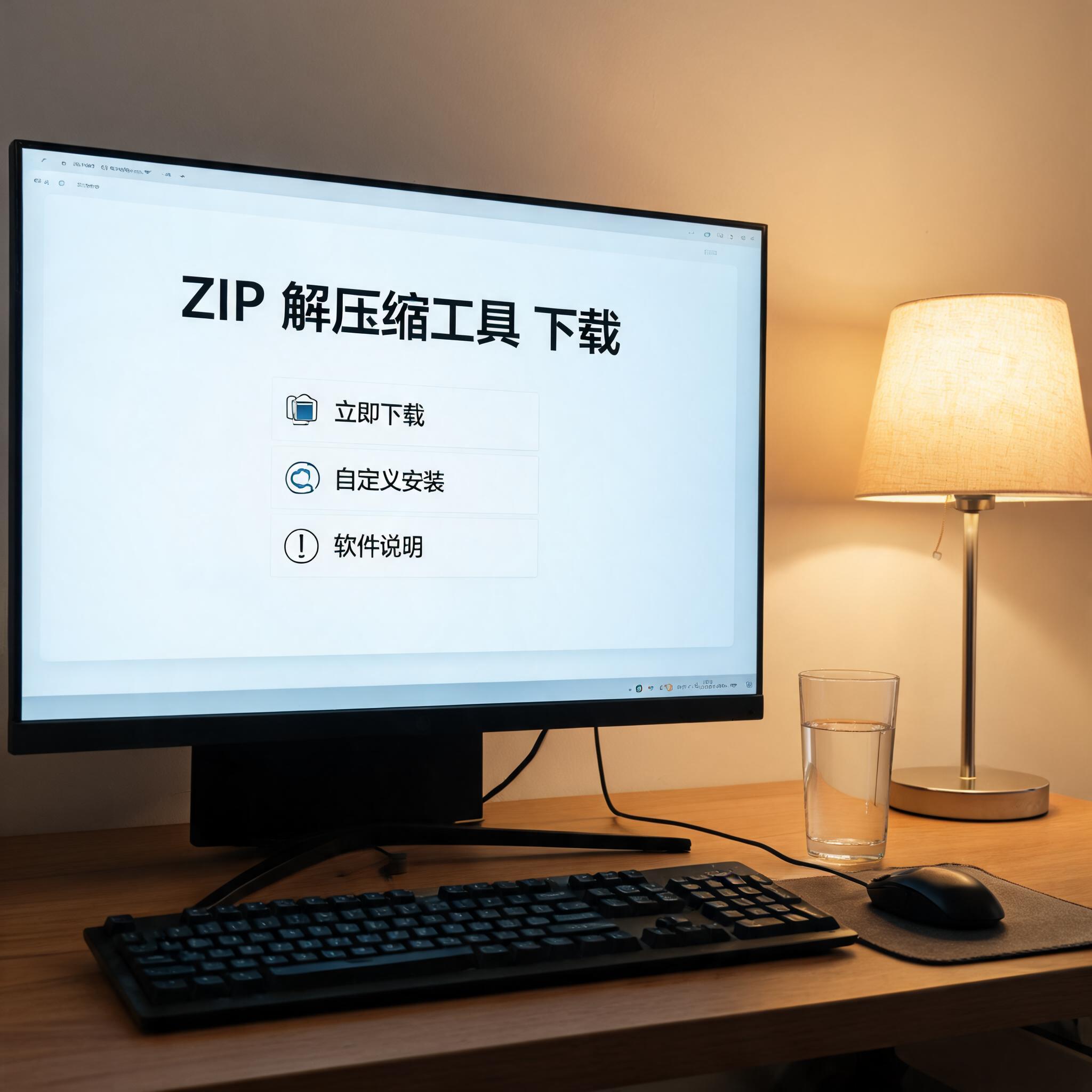 电脑桌上的电脑，屏幕显示zip 解压缩工具下载菜单，旁边放着台灯
