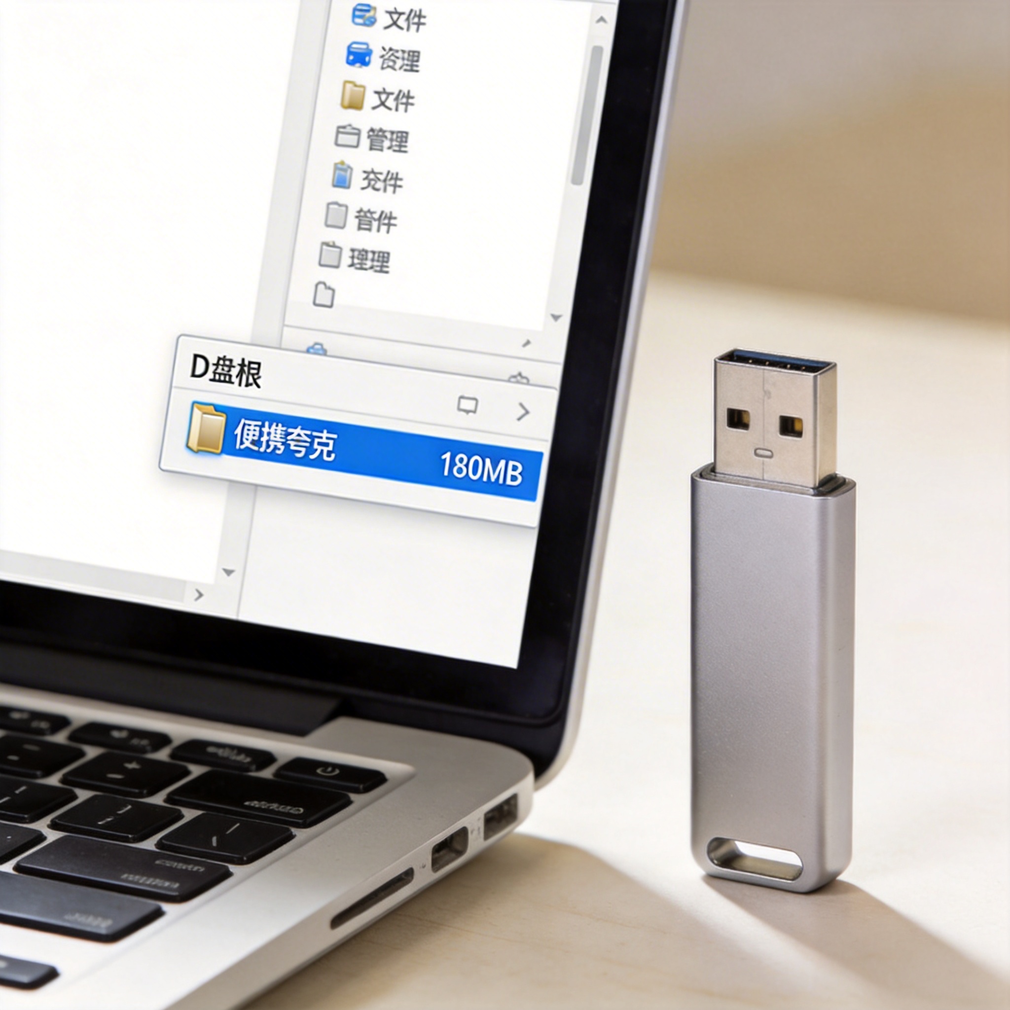 电脑屏幕显示文件资源管理器界面，D盘根目录里有“便携夸克”文件夹，文件夹大小显示为180MB，旁边放着U盘，室内自然光
