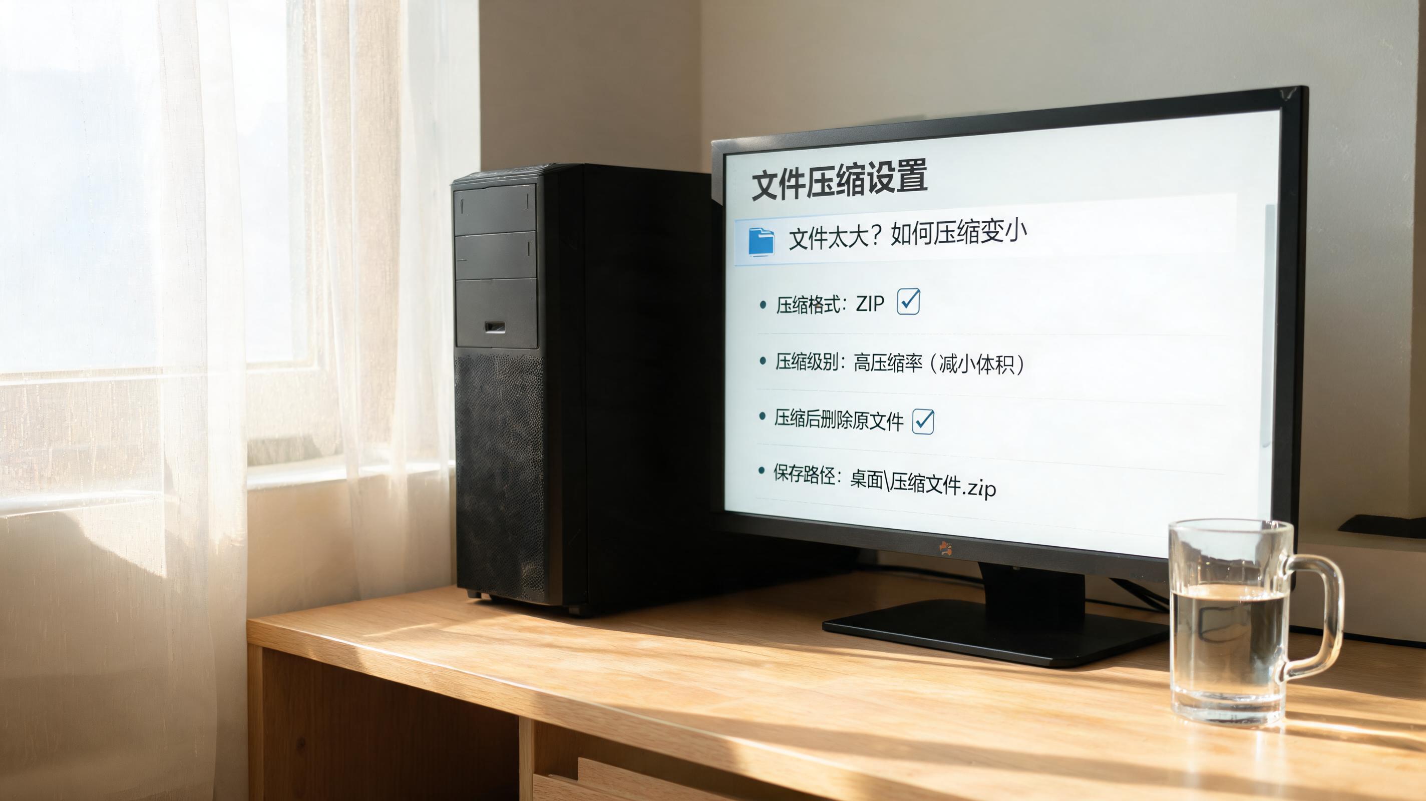 书桌上的主机，屏幕显示文件太大怎么压缩变小设置界面，桌角放着水杯，自然光