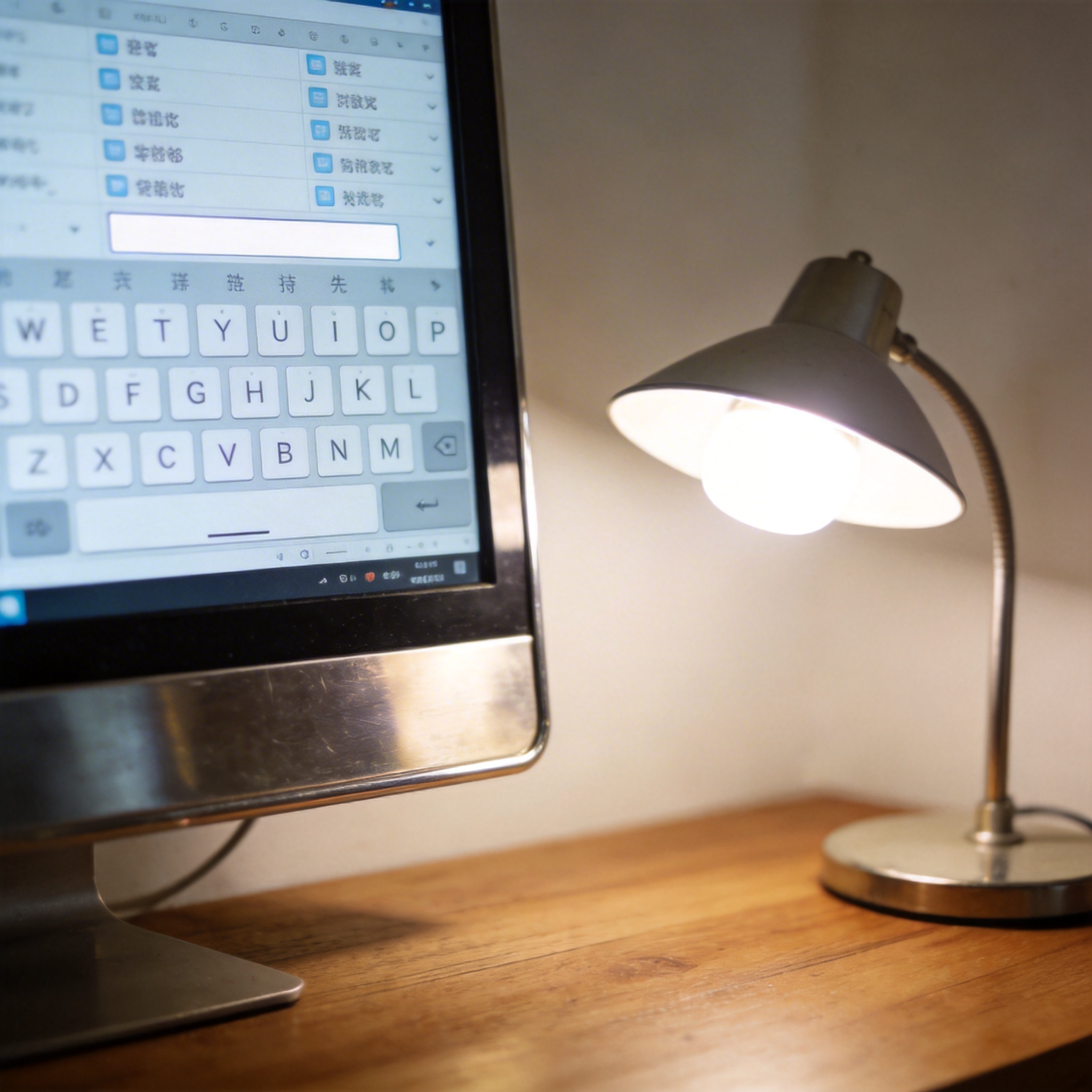 电脑桌上的电脑，屏幕显示输入法界面，旁边放着台灯