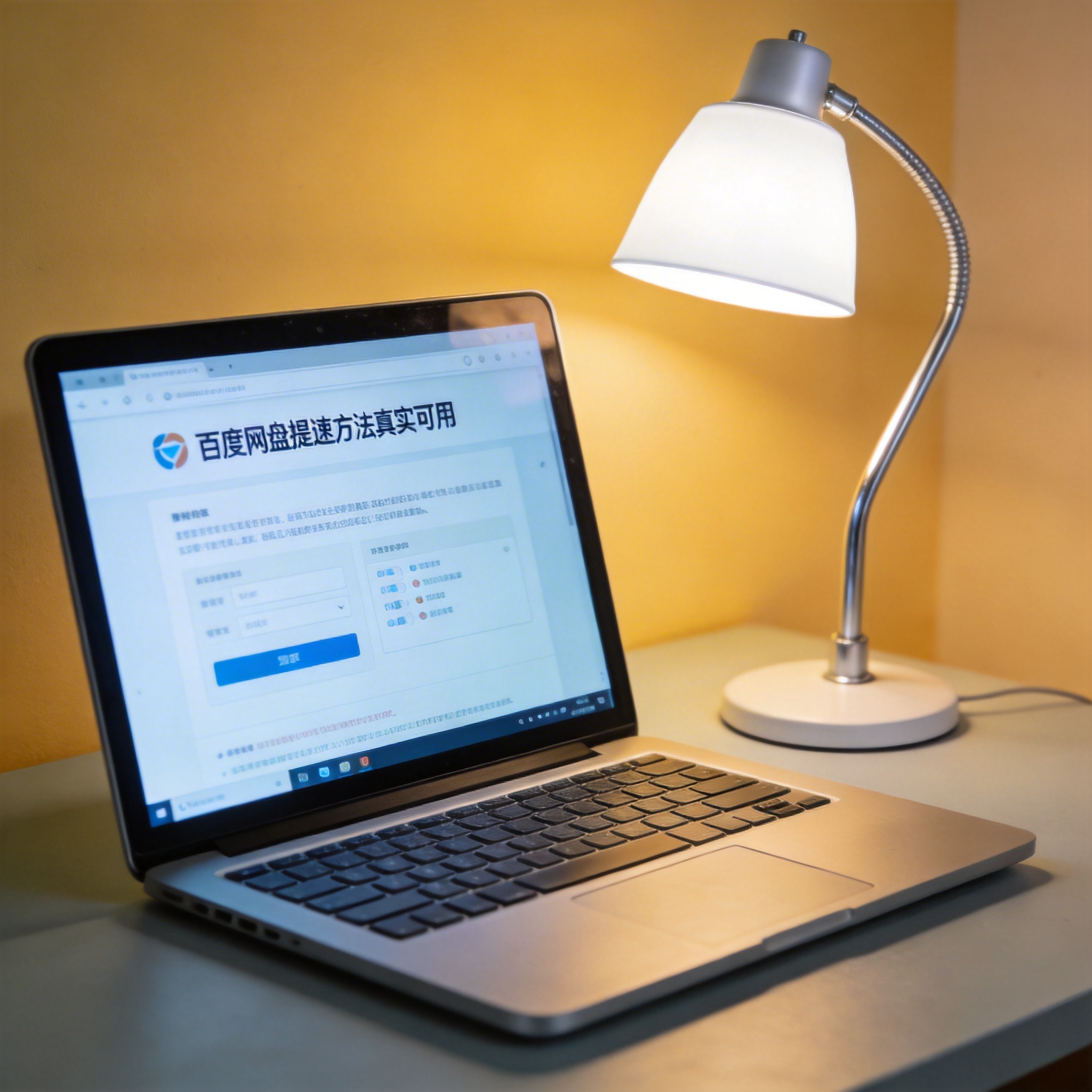 电脑桌上的电脑，屏幕显示百度网盘提速方法真实可用界面，旁边放着台灯