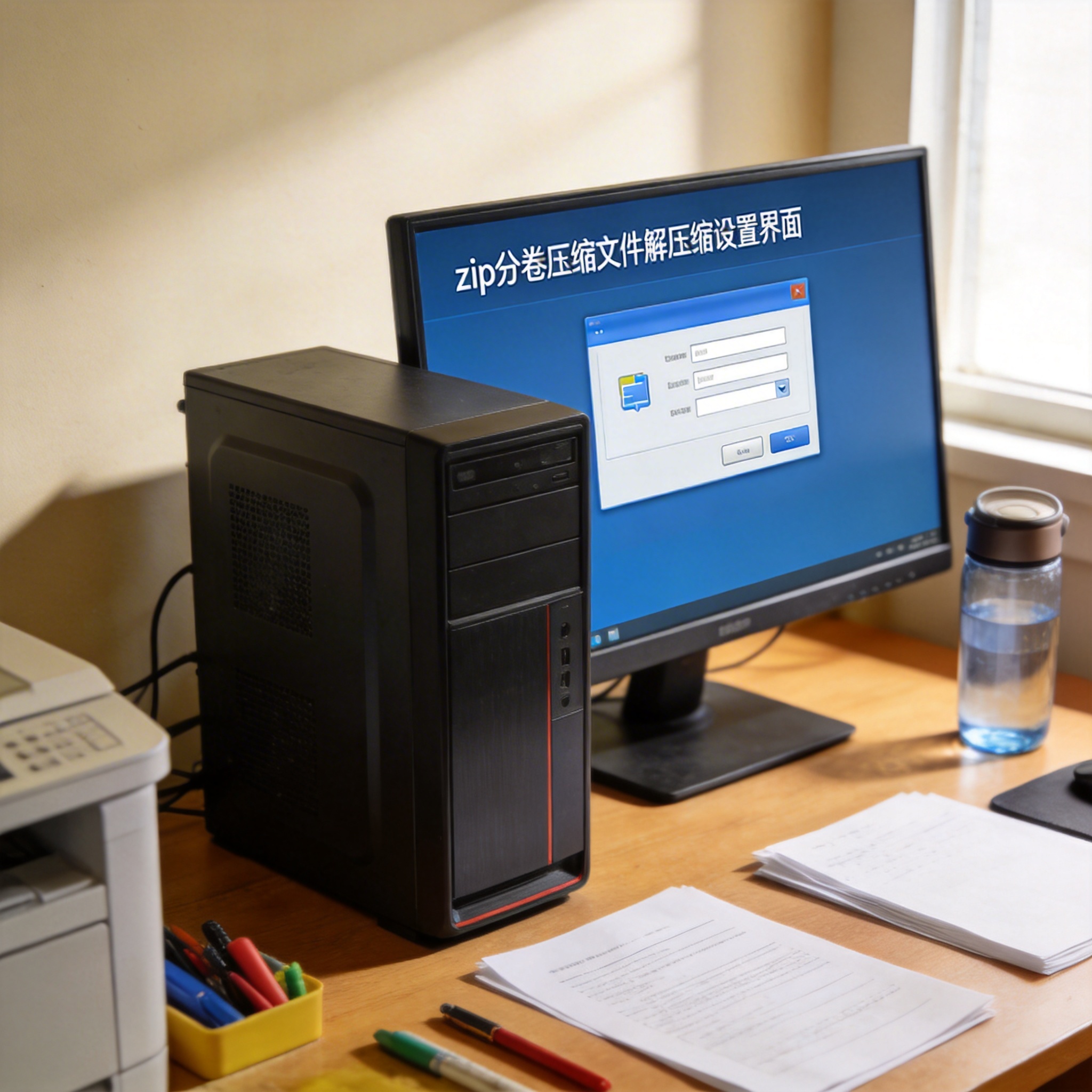 书桌上的主机，屏幕显示zip 分卷压缩文件解压缩设置界面，桌角放着水杯，自然光