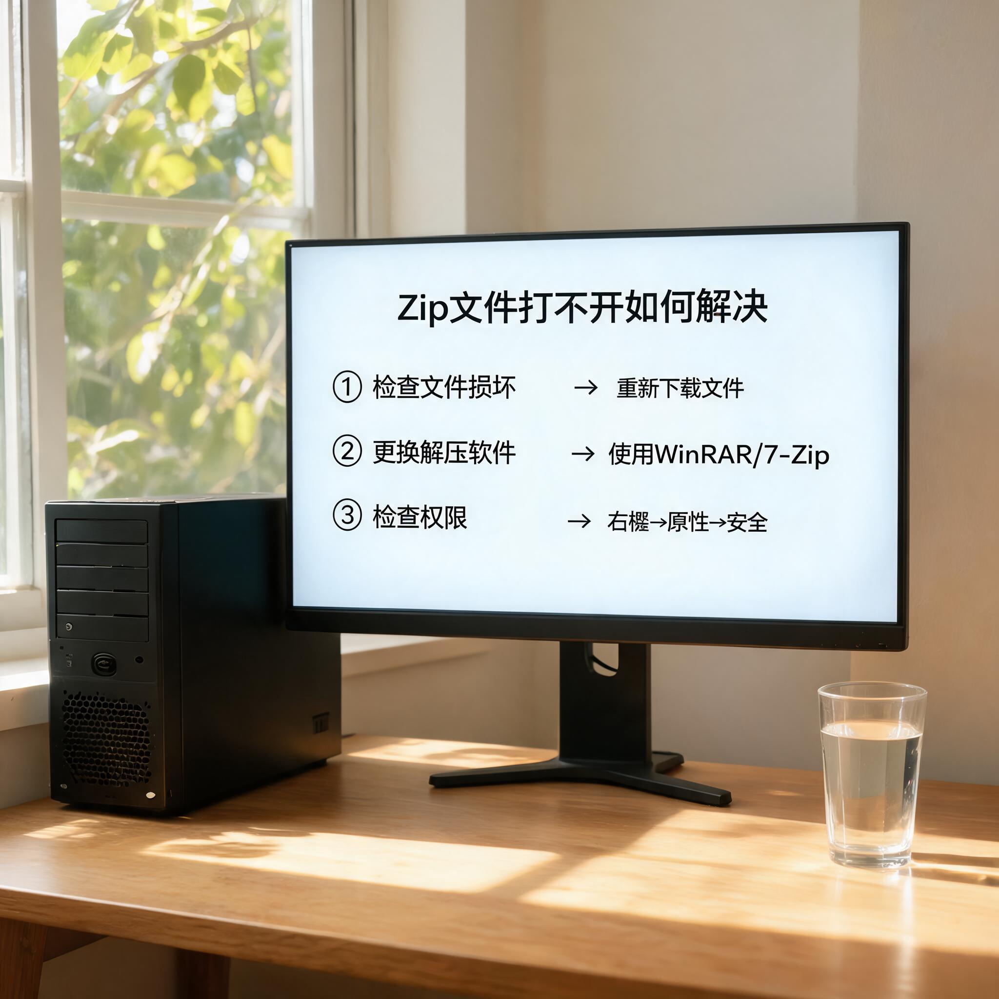 书桌上的主机，屏幕显示zip 文件打不开如何解决设置界面，桌角放着水杯，自然光
