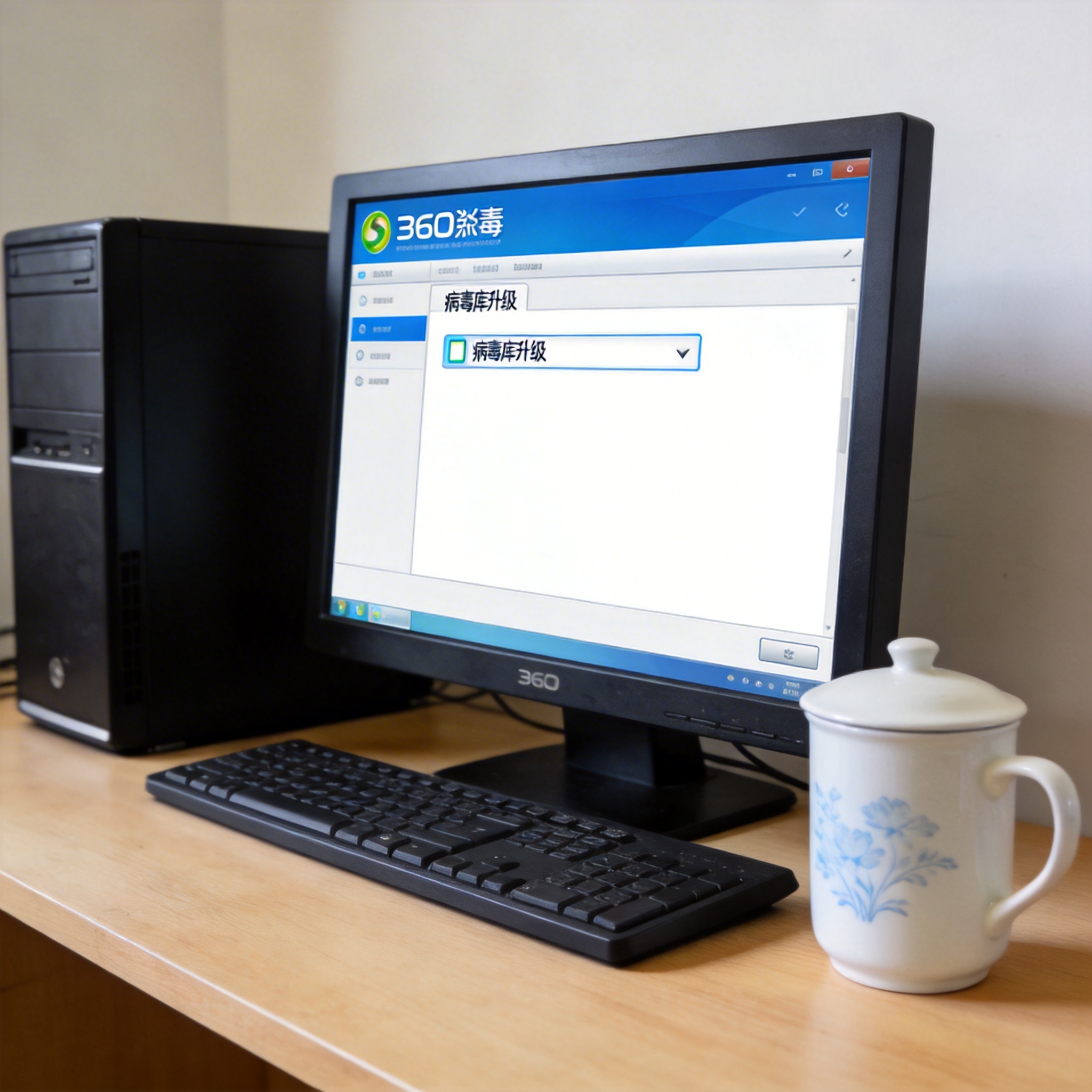 电脑桌前的台式电脑，屏幕显示360杀毒软件的设置界面，病毒库升级选项处于勾选状态，旁边放着水杯，室内自然光