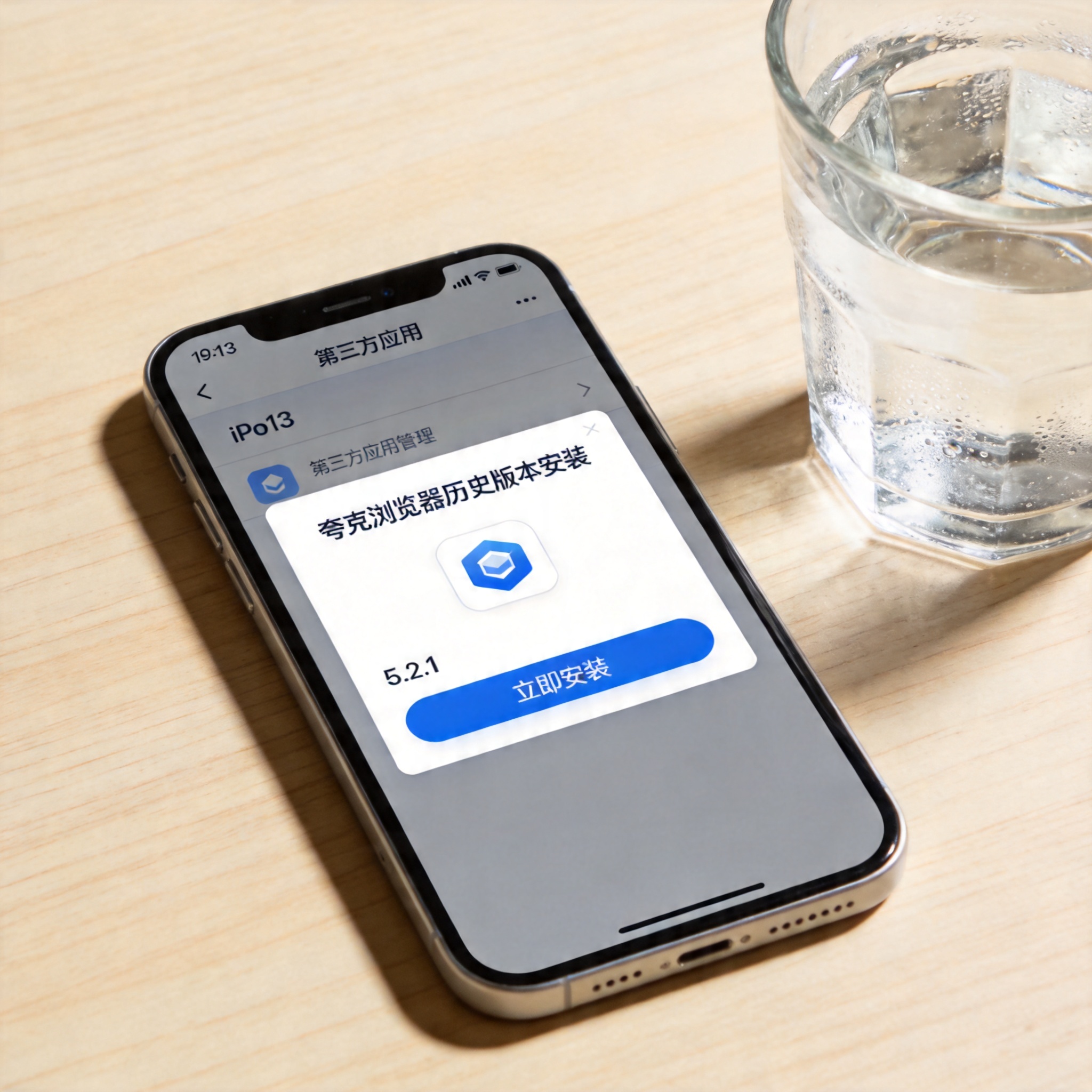 桌面放着iOS13系统的iPhone，屏幕显示第三方应用管理工具里夸克浏览器历史版本的安装界面，旁边有半杯清水