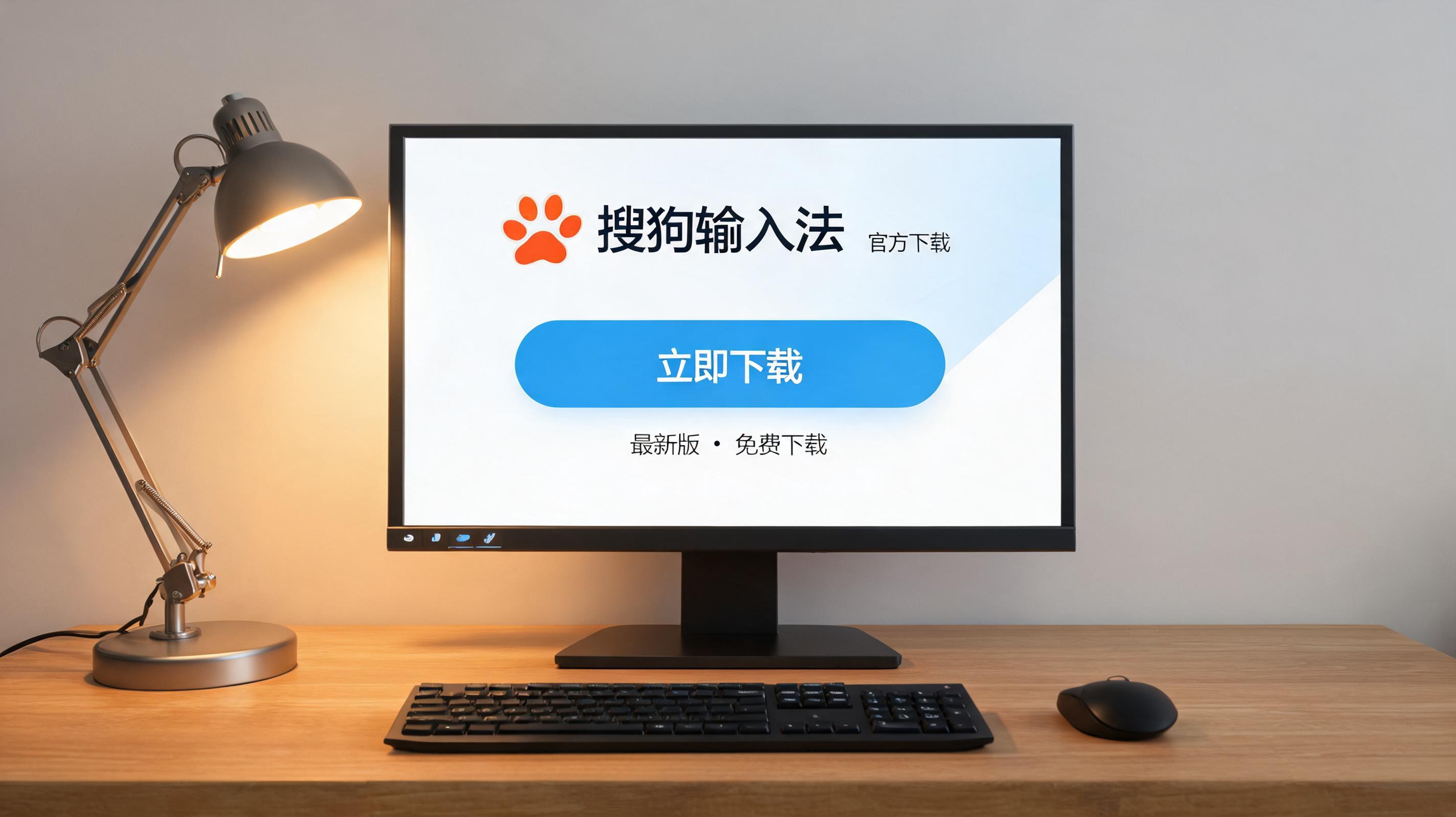 电脑桌上的电脑，屏幕显示搜狗输入法下载界面，旁边放着台灯