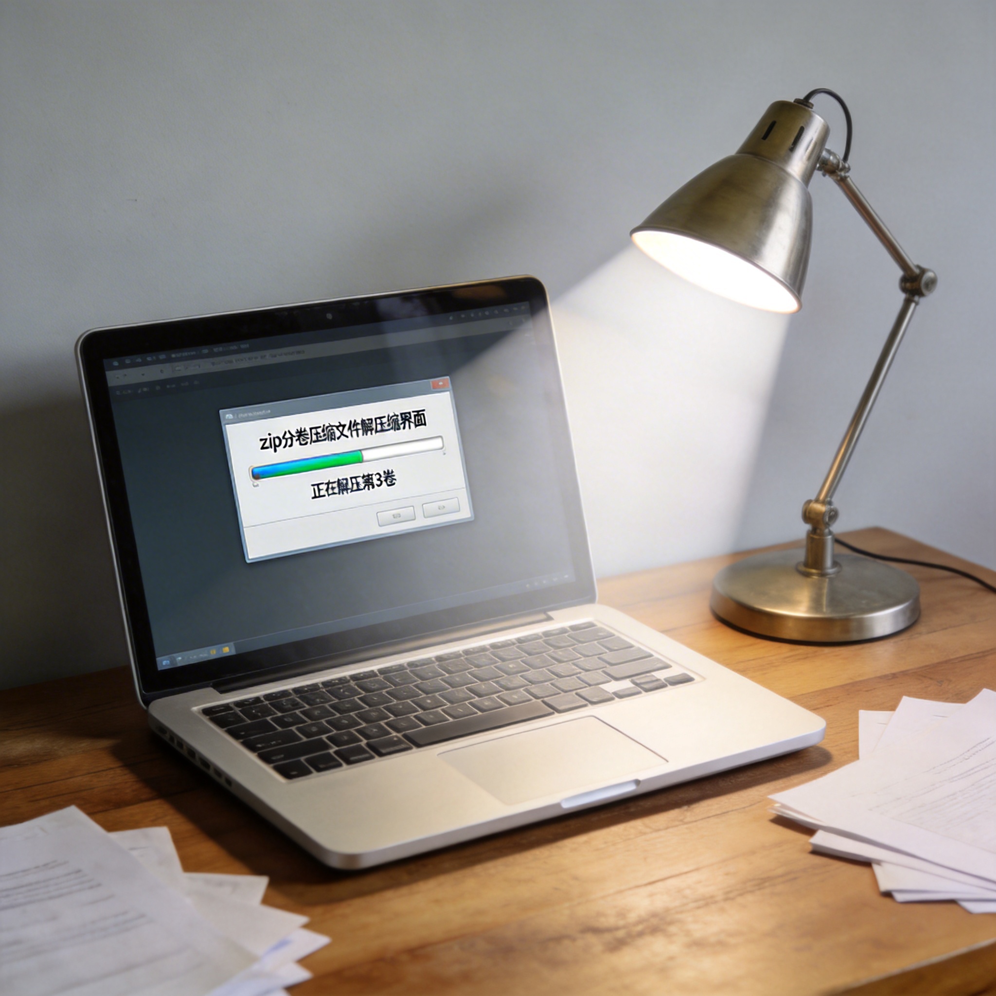 电脑桌上的电脑，屏幕显示zip 分卷压缩文件解压缩界面，旁边放着台灯