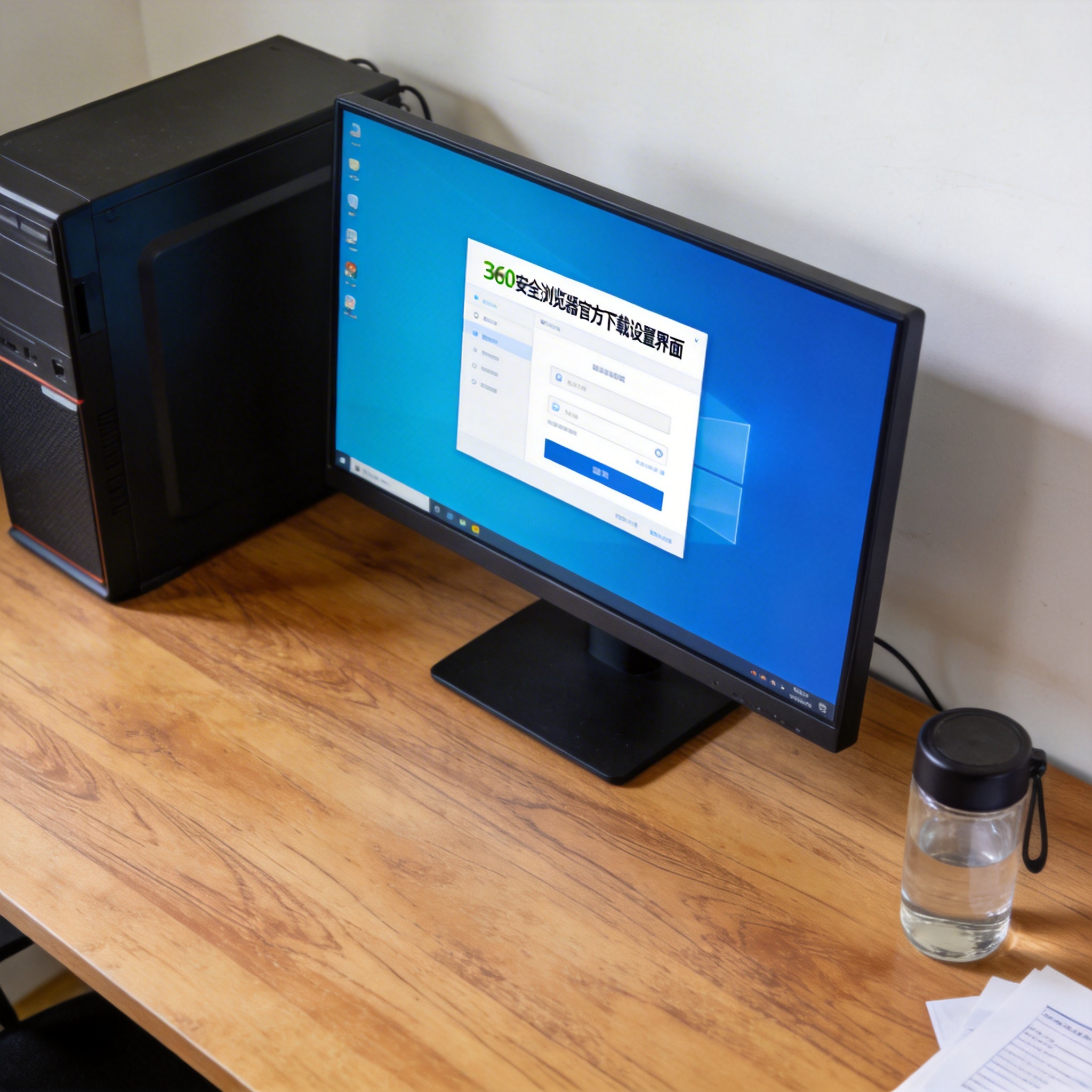书桌上的主机，屏幕显示360 安全浏览器官方下载设置界面，桌角放着水杯，自然光
