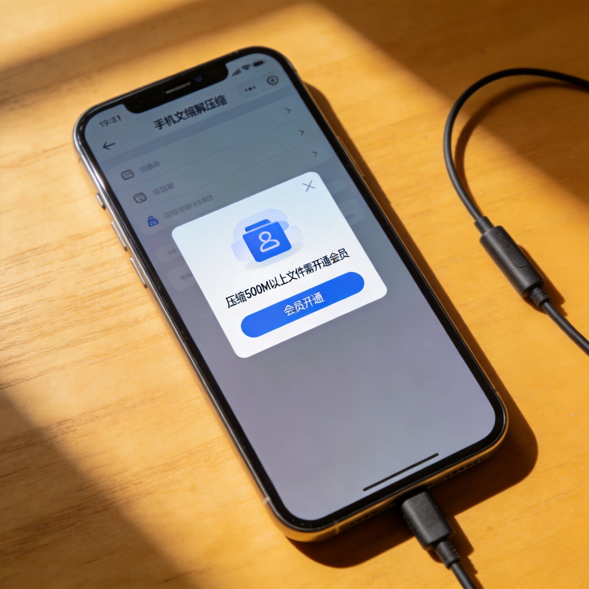 桌面的智能手机，屏幕显示手机文件压缩解压缩软件的会员开通弹窗，提示压缩500M以上文件需开通，手机旁有充电线，室内自然光