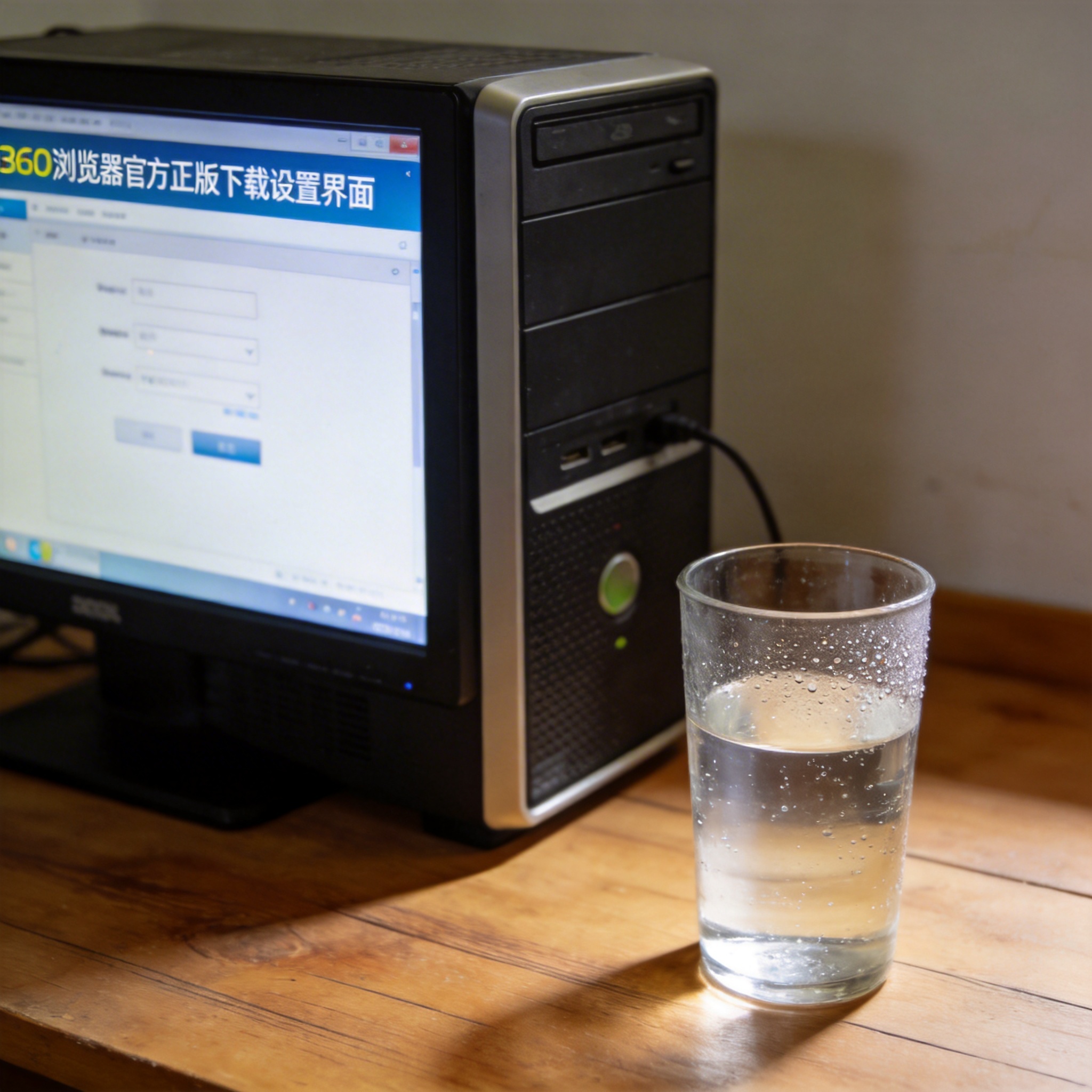 书桌上的主机，屏幕显示360 浏览器官方正版下载设置界面，桌角放着水杯，自然光