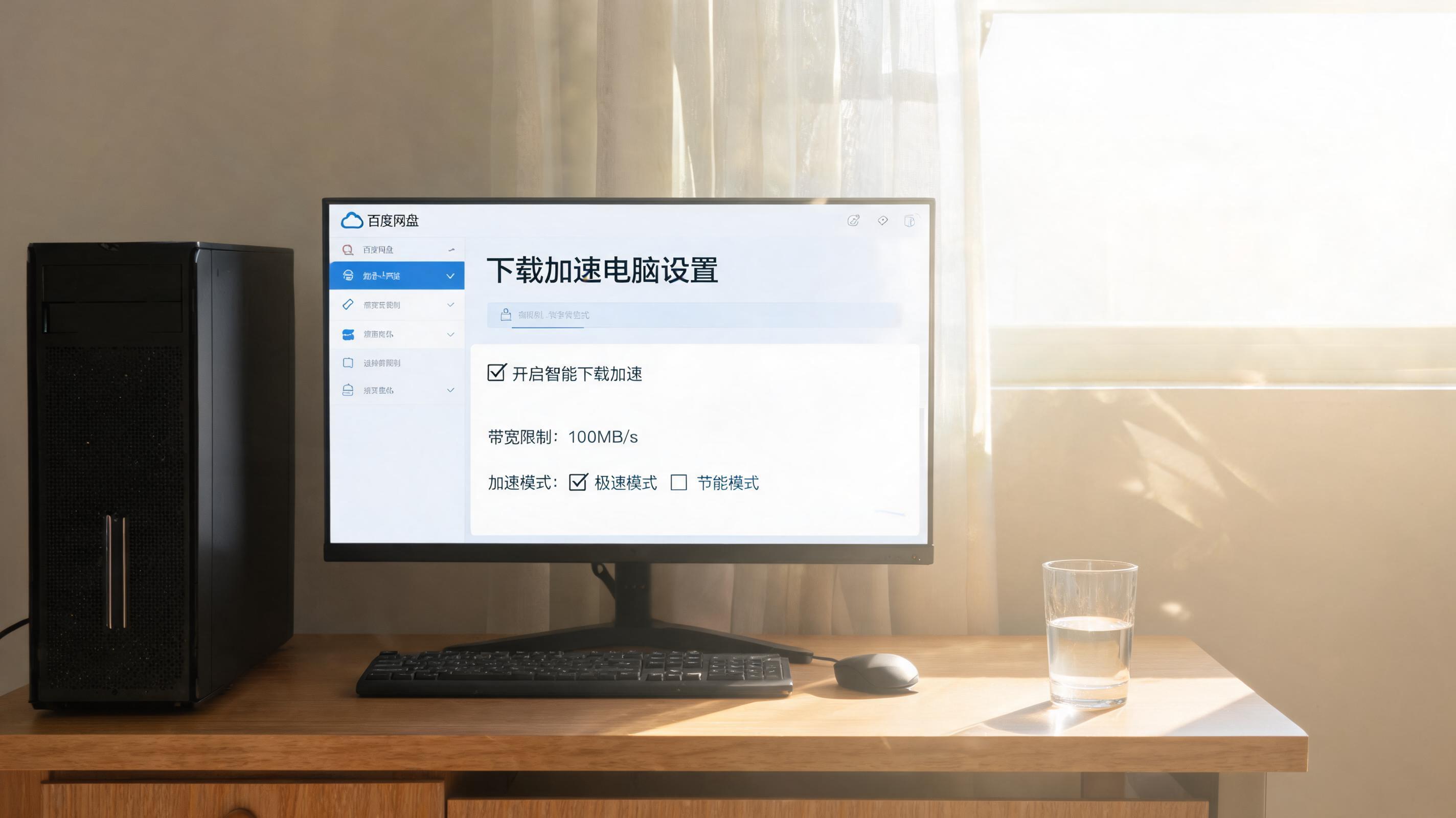 书桌上的主机，屏幕显示百度网盘下载加速电脑设置界面，桌角放着水杯，自然光