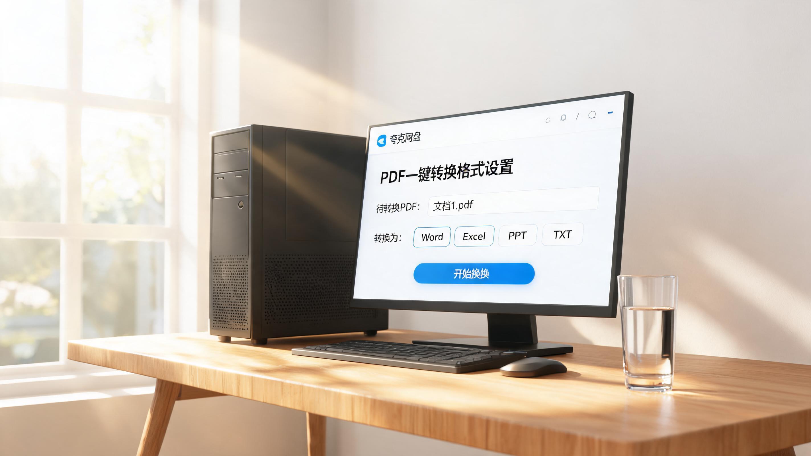 书桌上的主机，屏幕显示夸克网盘 PDF 一键转换格式设置界面，桌角放着水杯，自然光