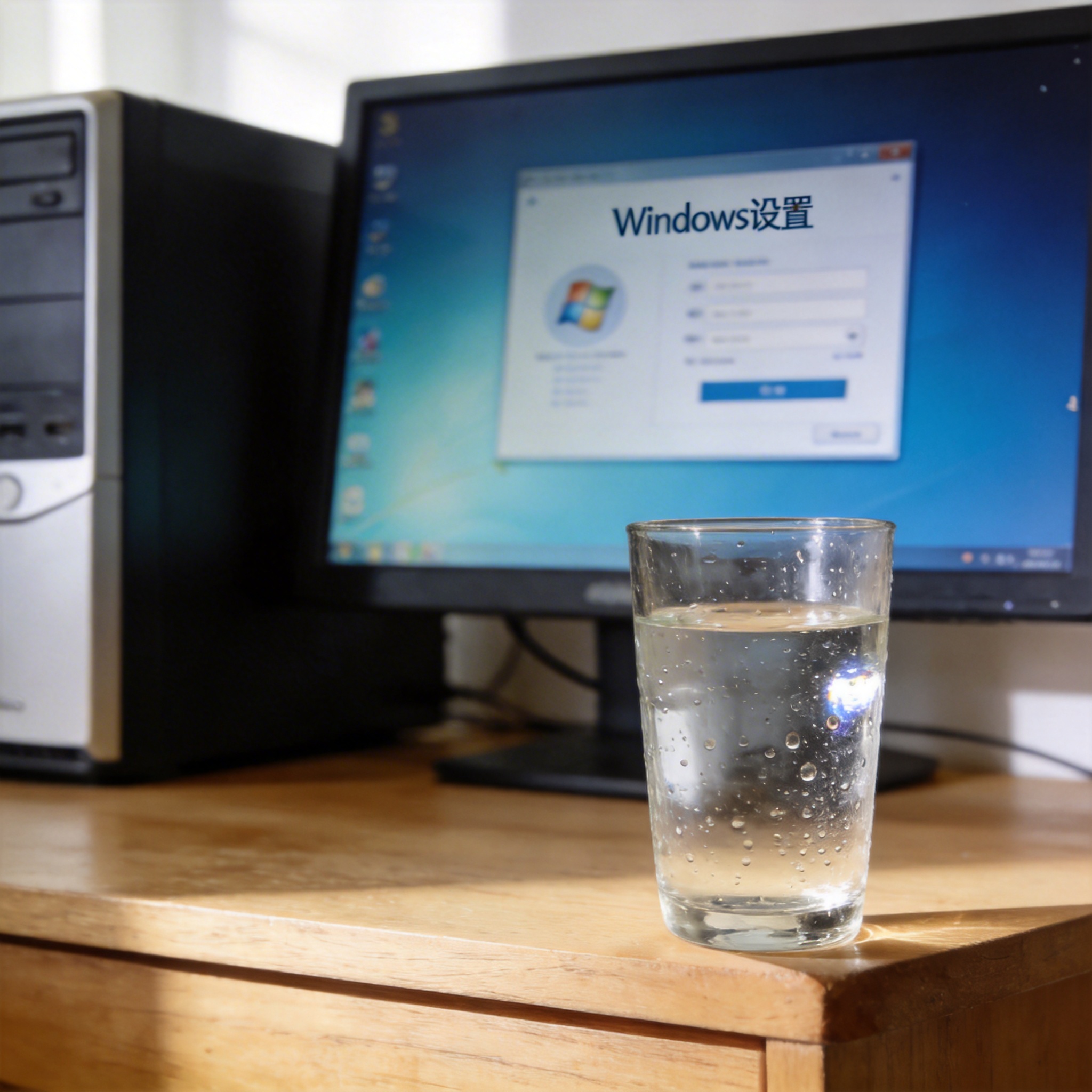 书桌上的主机，屏幕显示Windows设置界面，桌角放着水杯，自然光