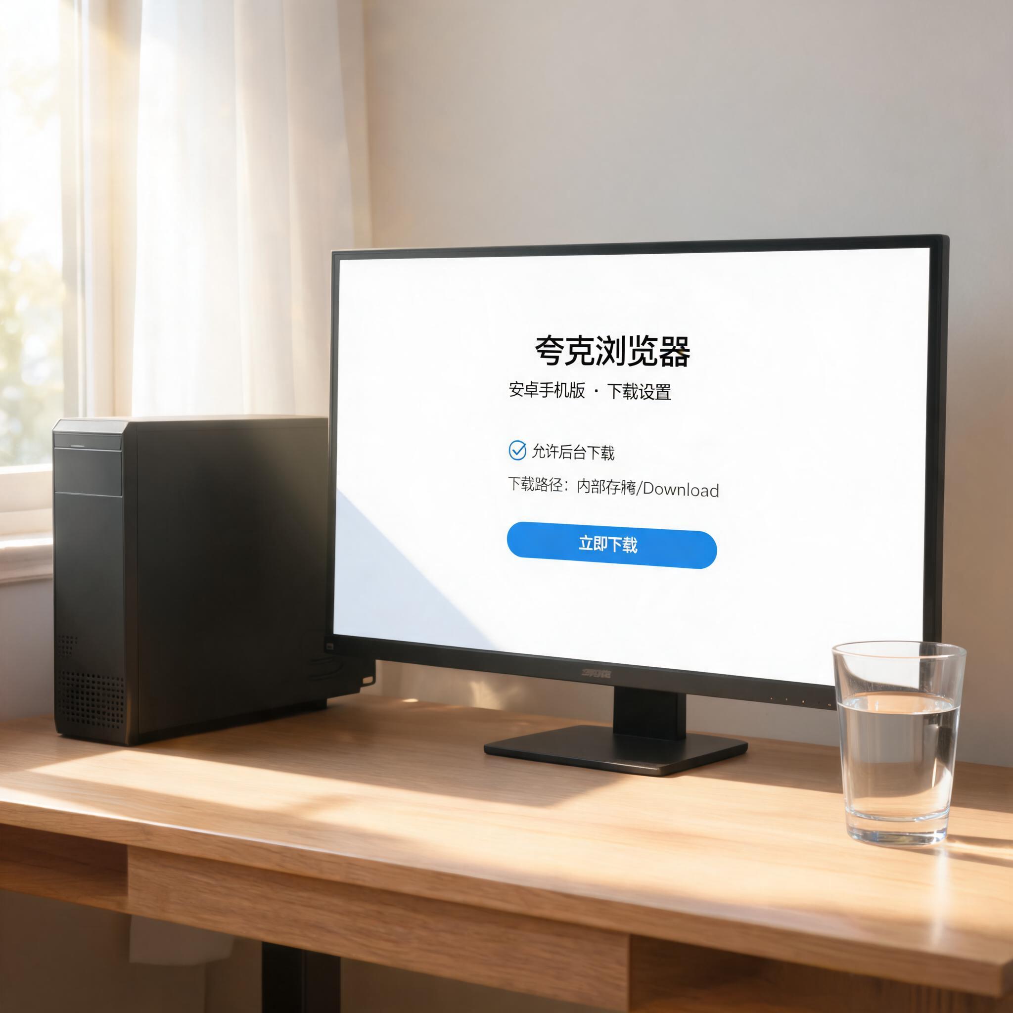 书桌上的主机，屏幕显示夸克浏览器安卓手机版下载设置界面，桌角放着水杯，自然光