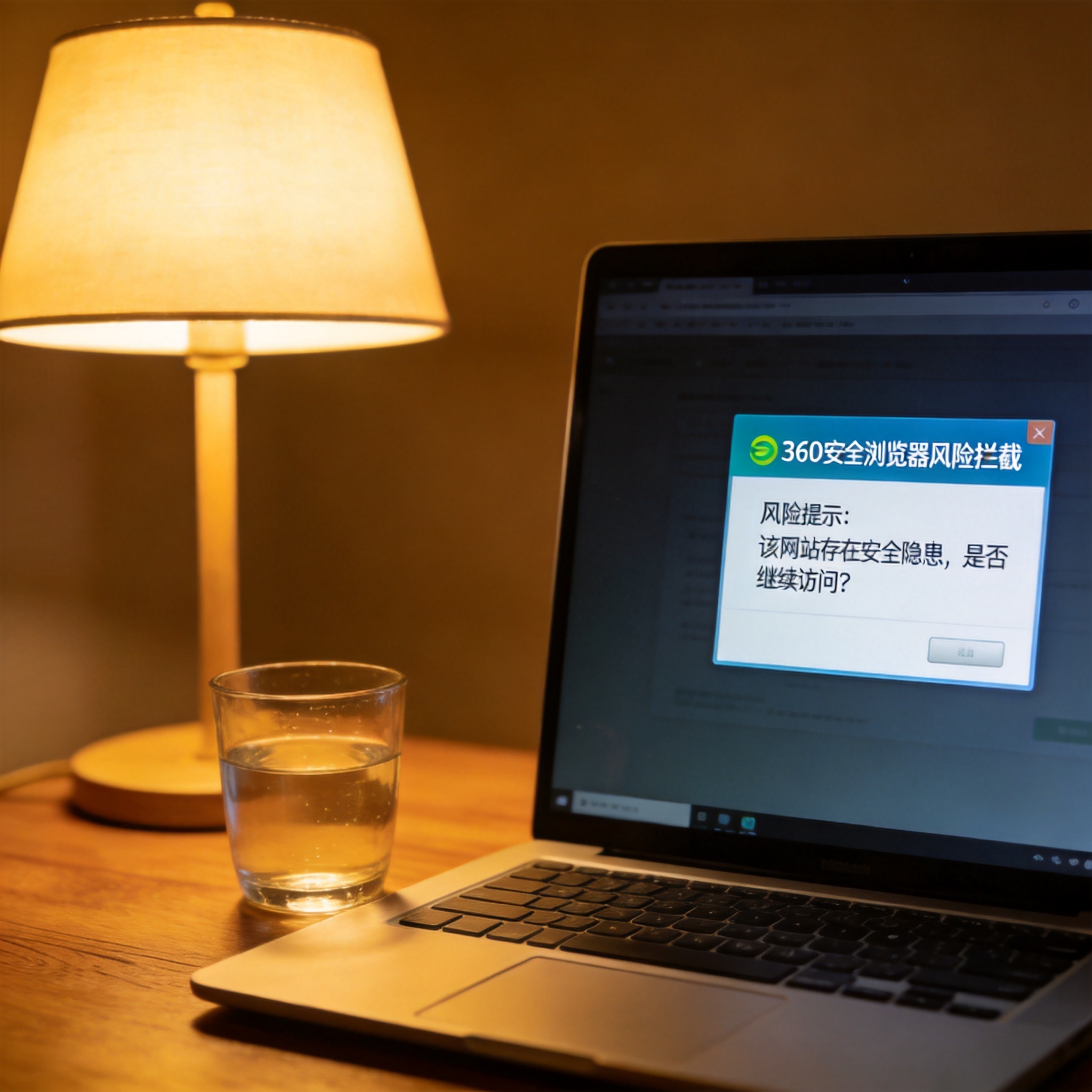 电脑桌前的电脑，屏幕显示电脑版360安全浏览器的风险拦截弹窗，旁边放着半杯温水，台灯暖光