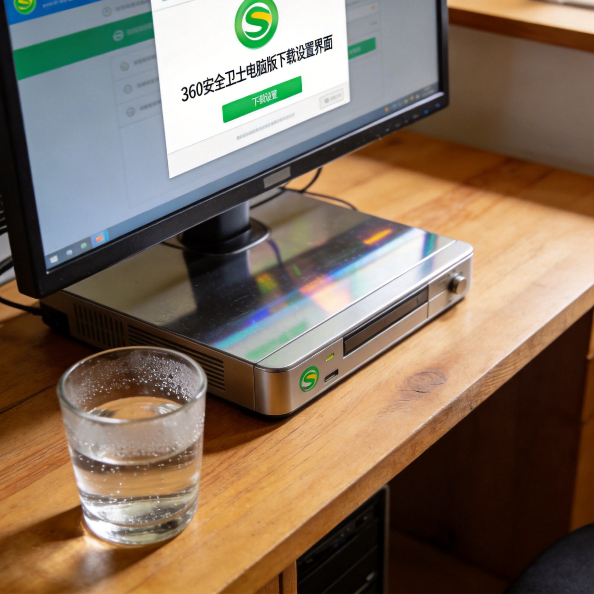 书桌上的主机，屏幕显示360 安全卫士电脑版下载设置界面，桌角放着水杯，自然光