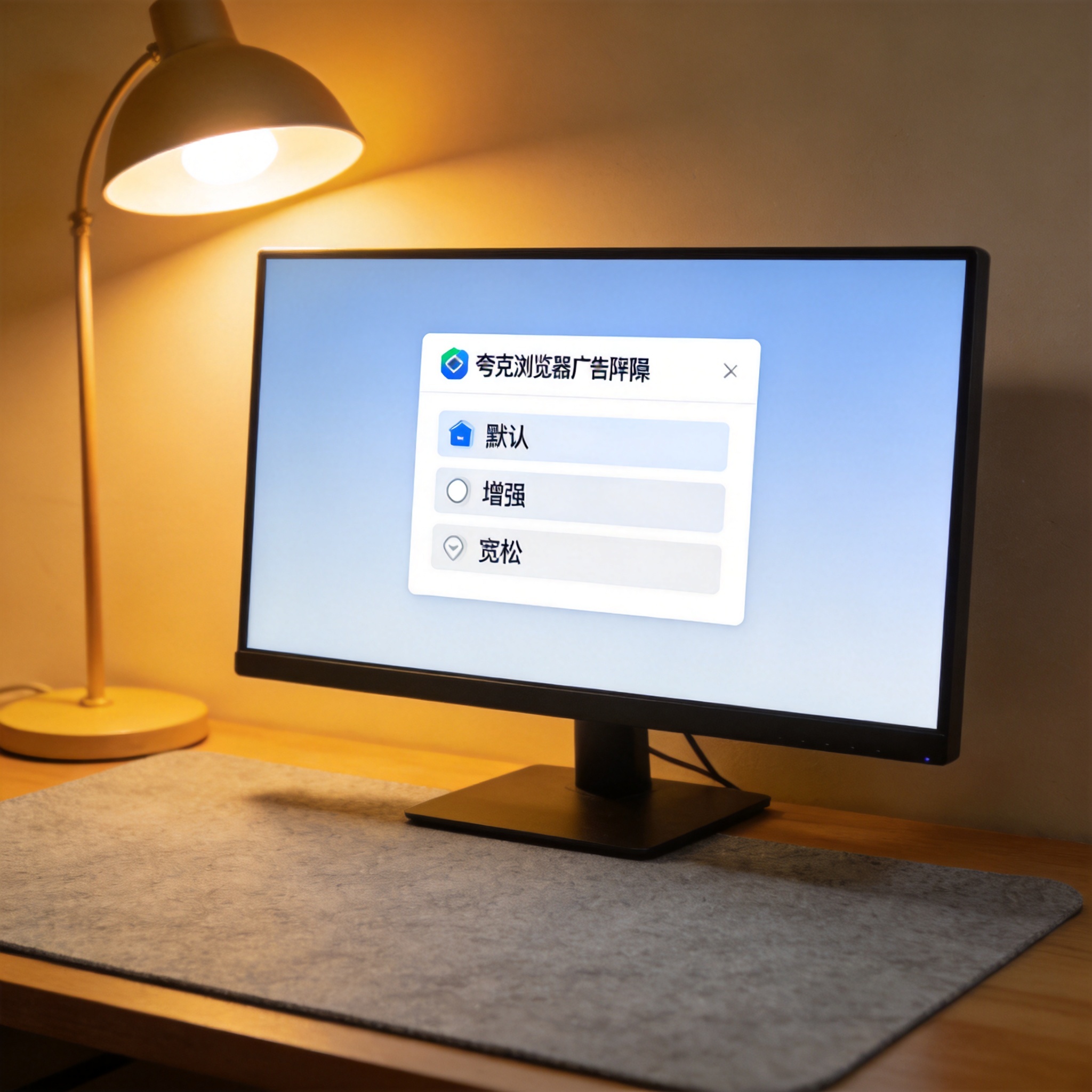 电脑屏幕显示夸克浏览器广告拦截的三个等级选项：默认、增强、宽松，桌面铺着浅灰色桌垫，台灯暖光