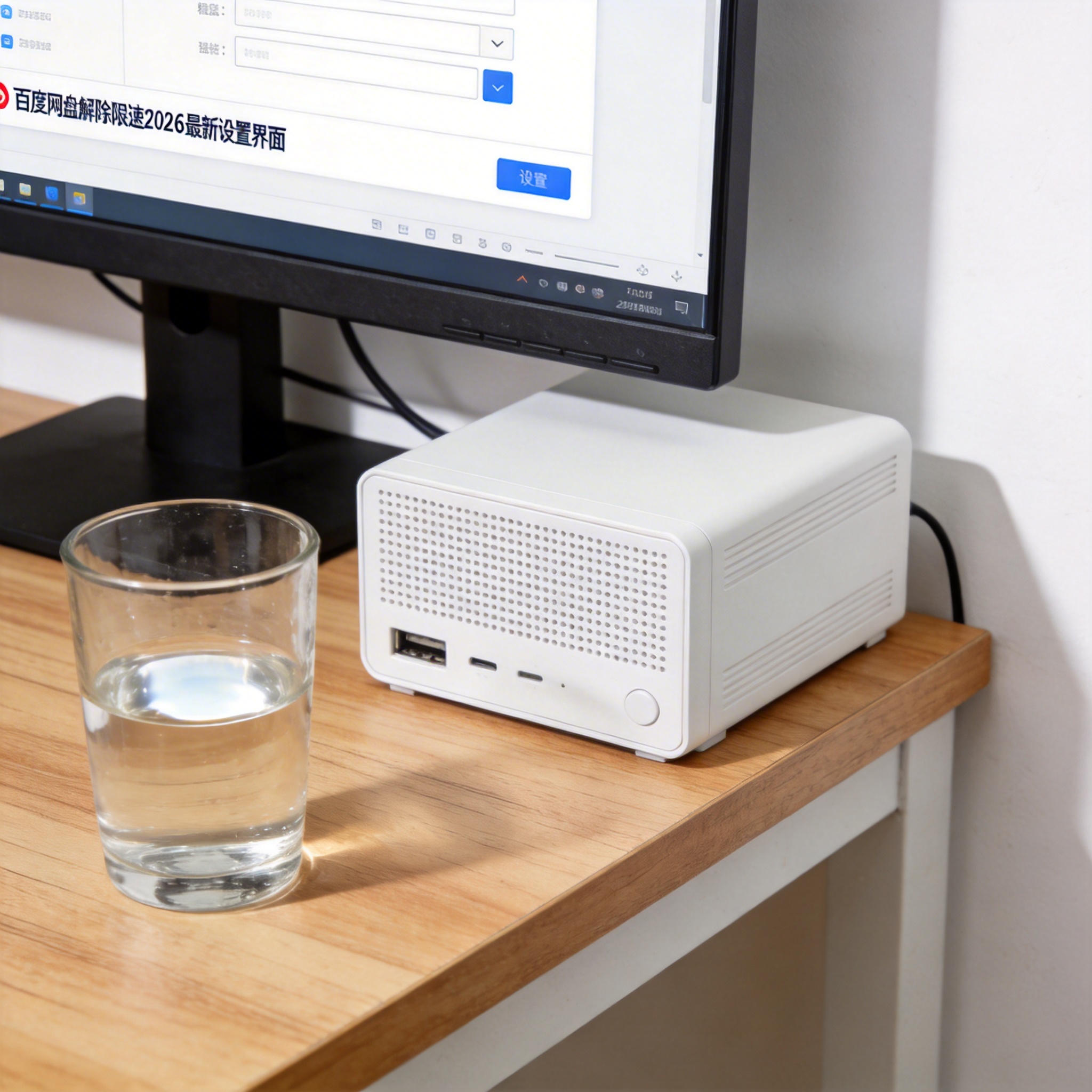 书桌上的主机，屏幕显示百度网盘解除限速 2026 最新设置界面，桌角放着水杯，自然光