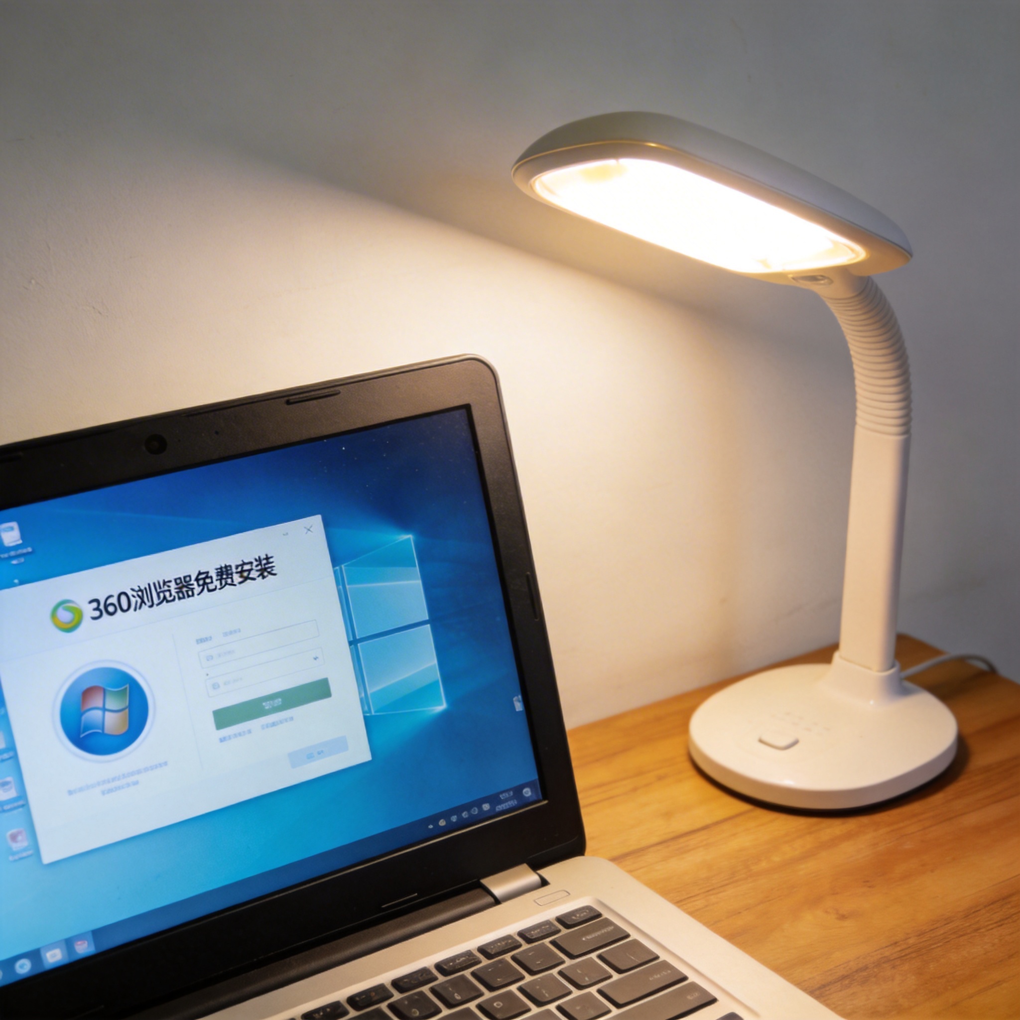 电脑桌上的电脑，屏幕显示360 浏览器免费安装界面，旁边放着台灯