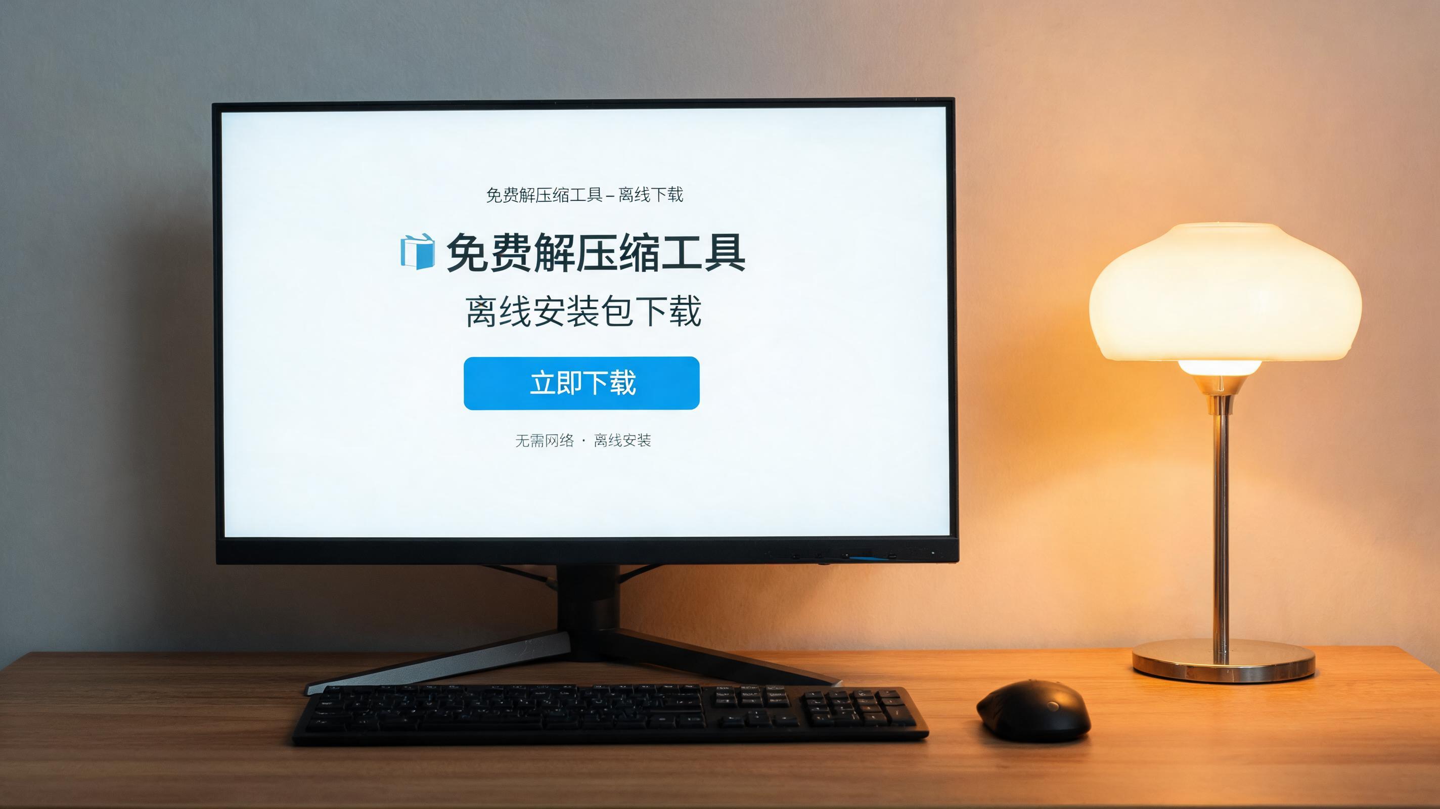 电脑桌上的电脑，屏幕显示免费解压缩工具离线下载界面，旁边放着台灯