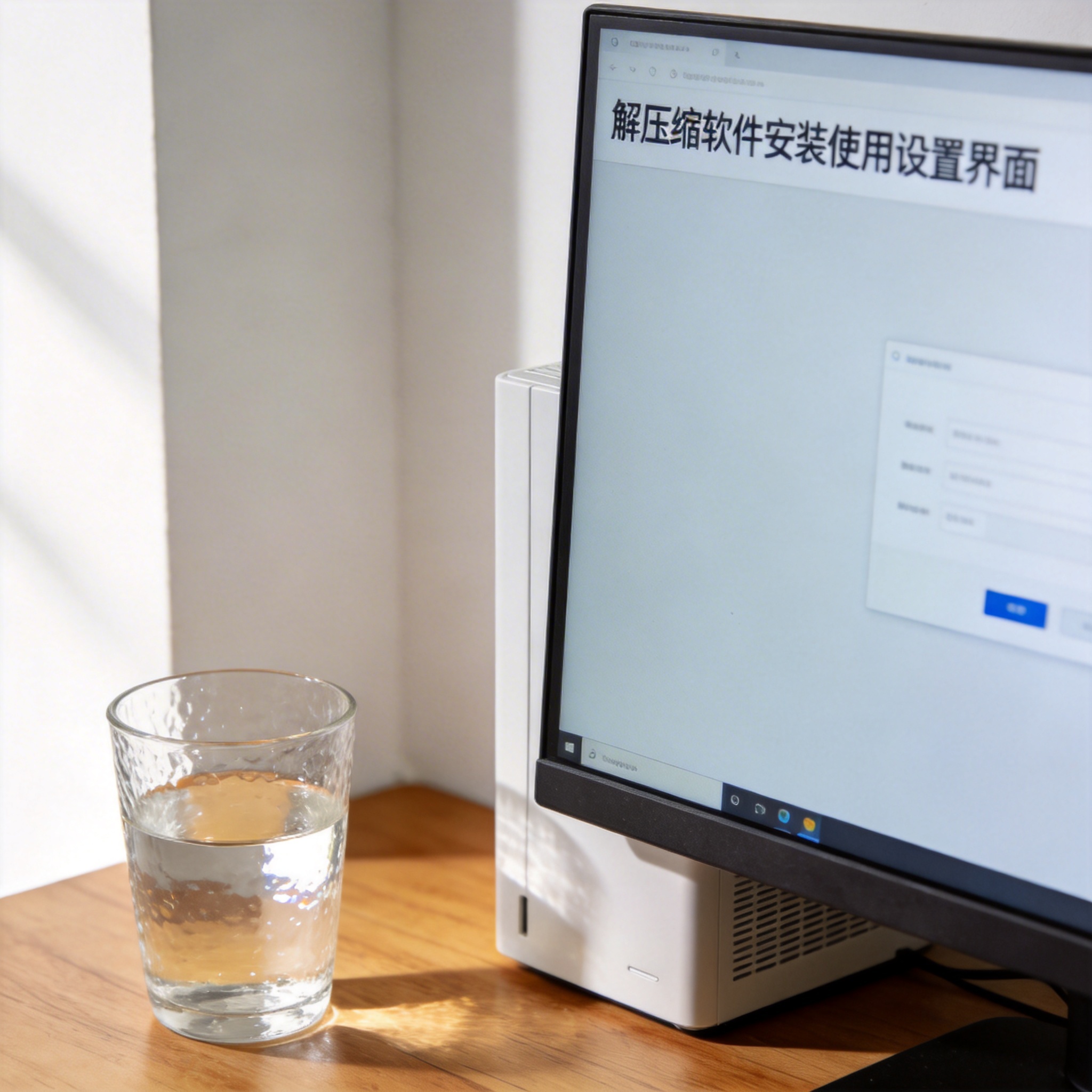 书桌上的主机，屏幕显示解压缩软件怎么安装使用设置界面，桌角放着水杯，自然光