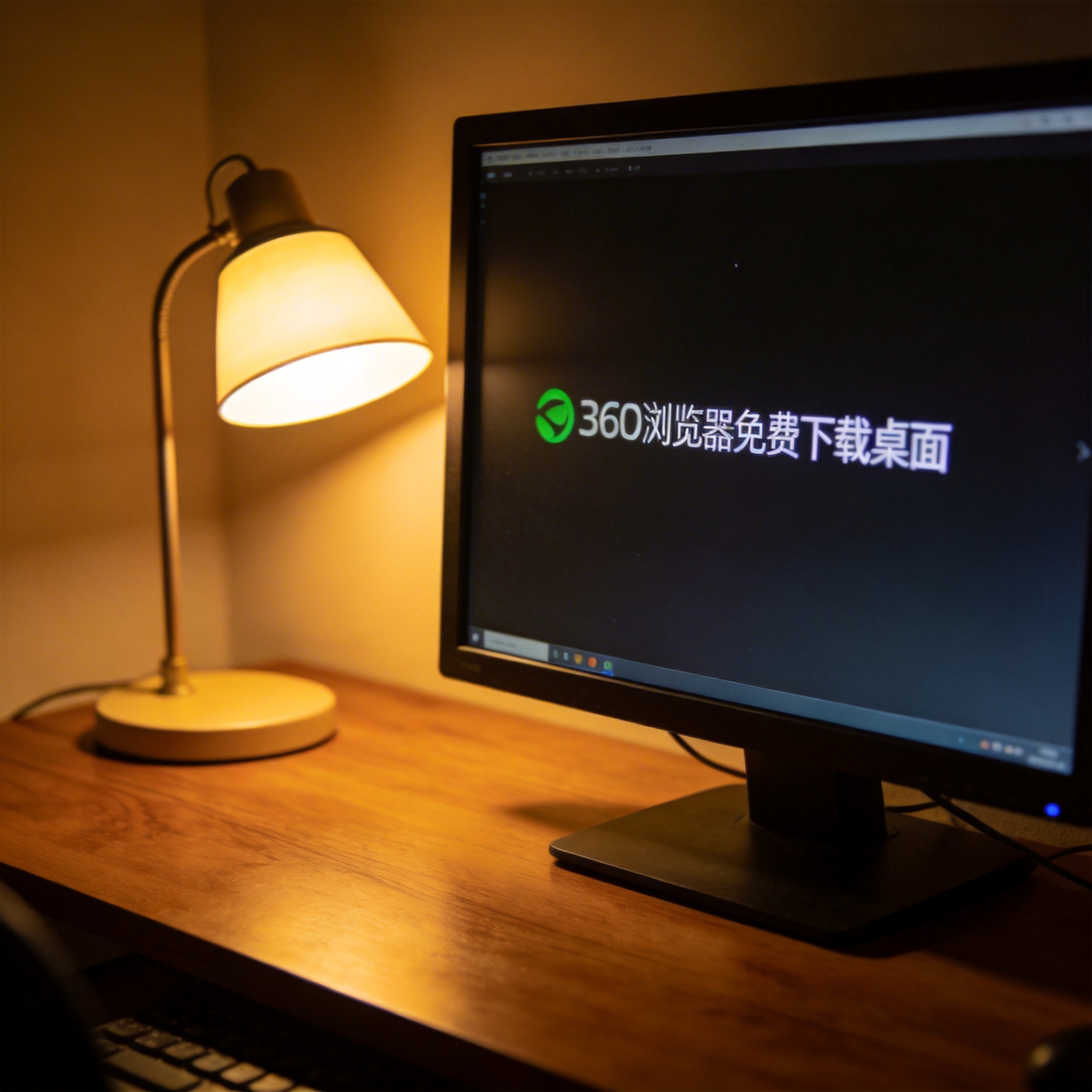 电脑桌上的电脑，屏幕显示360 浏览器免费下载桌面，旁边放着台灯