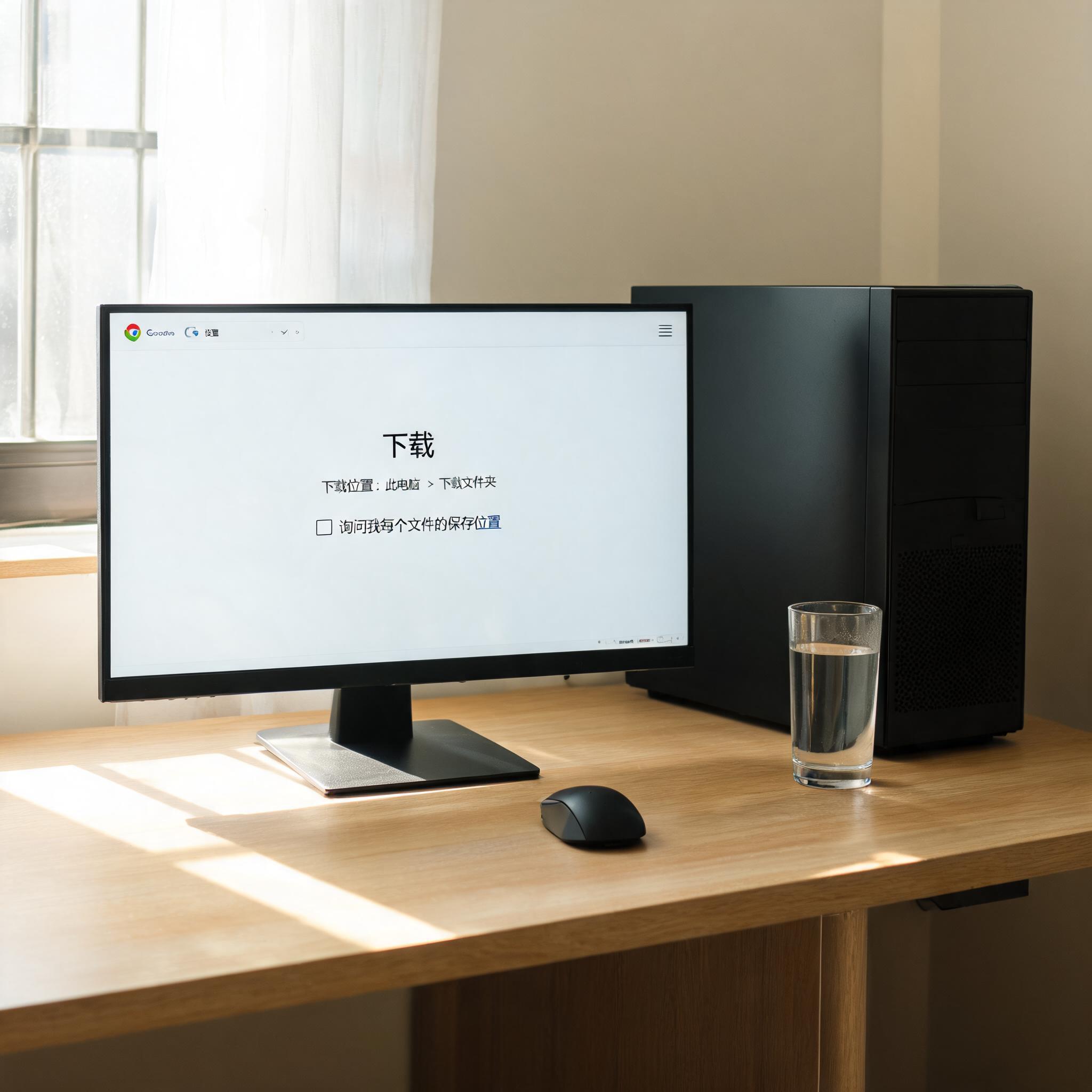 书桌上的主机，屏幕显示google浏览器下载设置界面，桌角放着水杯，自然光