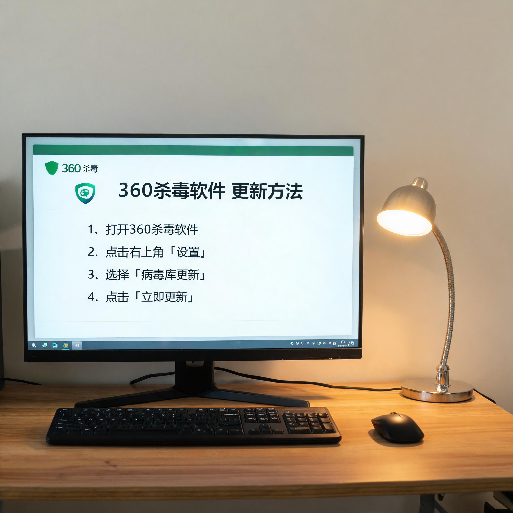 电脑桌上的电脑，屏幕显示360 杀毒软件更新方法界面，旁边放着台灯