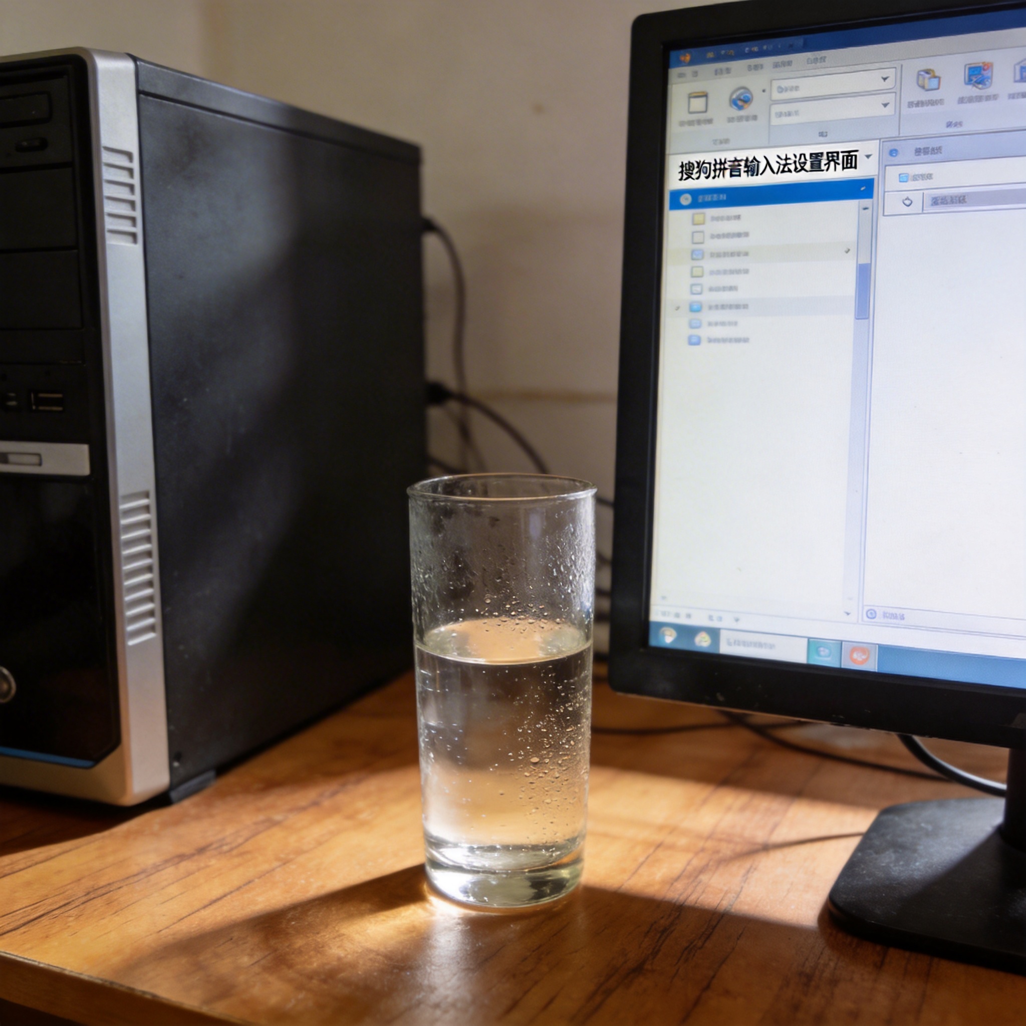 书桌上的主机，屏幕显示搜狗拼音输入法怎么设置设置界面，桌角放着水杯，自然光