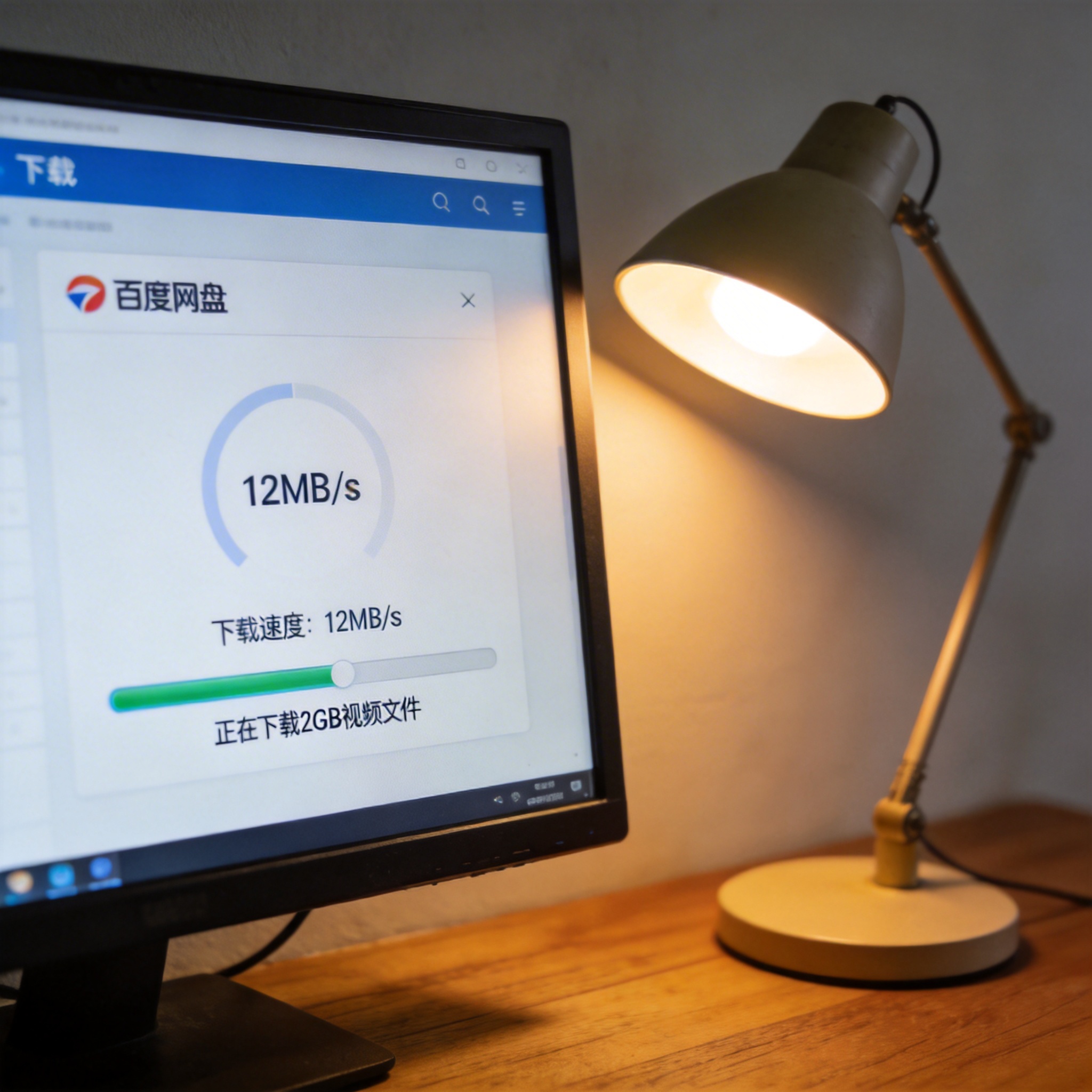 电脑屏幕显示百度网盘下载界面，下载速度显示12MB/s，正在下载2GB的视频文件，桌面有一盏打开的台灯